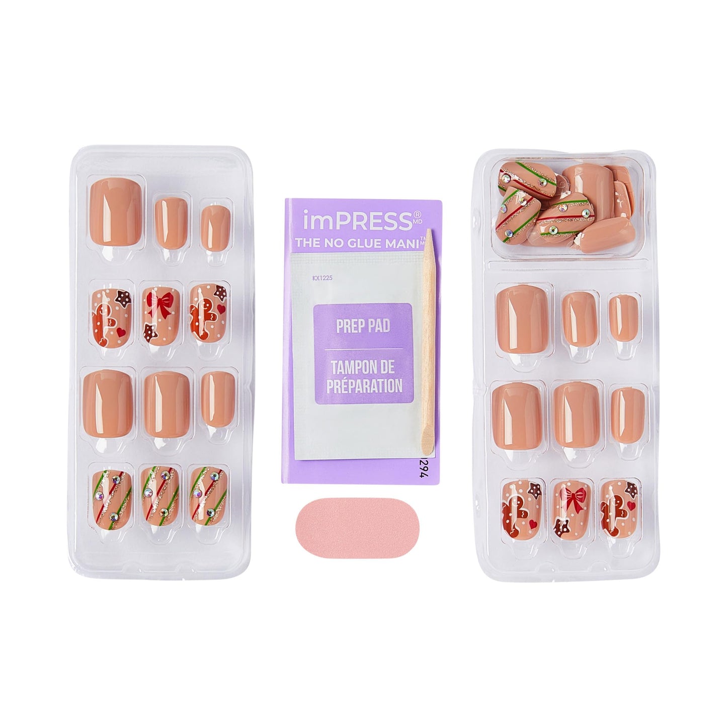 KISS imPRESS Holiday Press On Nails, ‘Mistletoe Kiss’, Brown, Short Squoval, Improved Super Hold Adhesive, 30 Fake Nails, Prep Pad, Mini Nail File, & Manicure Stick
