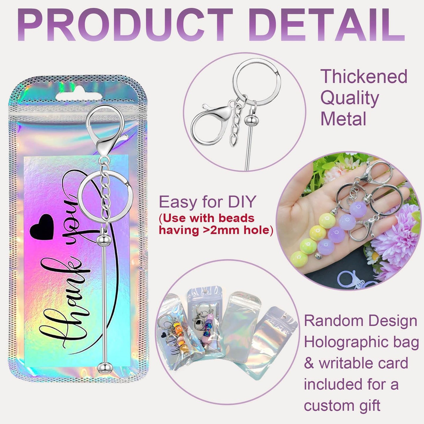 YUESEK 60 Pcs Beadable Keychain Bars Bulk Blank Creative Cute Keychains Bar for Beads Purse Keychains for Women Man