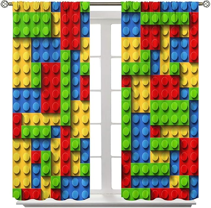 Kids Building Blocks Toy Curtains for Kids Room W63 x L63 Inch Rod Pocket Contour Plastic Colorful Toy Bricks Geometric Print Pattern Curtains for Boys Girls Bedroom 2 Panels