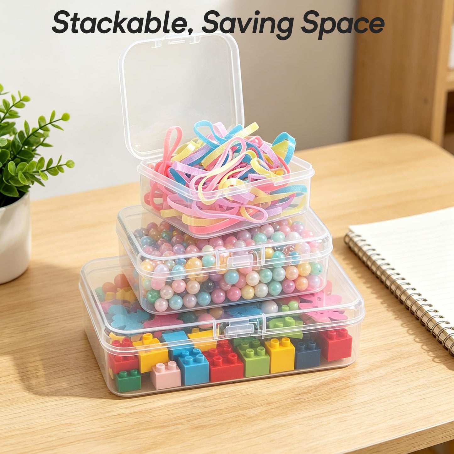 Guyuyii Bead Organizers and Storage with Labels and Handle - 58 Pcs Small Plastic Bins with Lids and 3-Tier Stackable Clear Bead Storage for Diamond Painting, Seed Beading & Jewelry Making (3 Sizes)