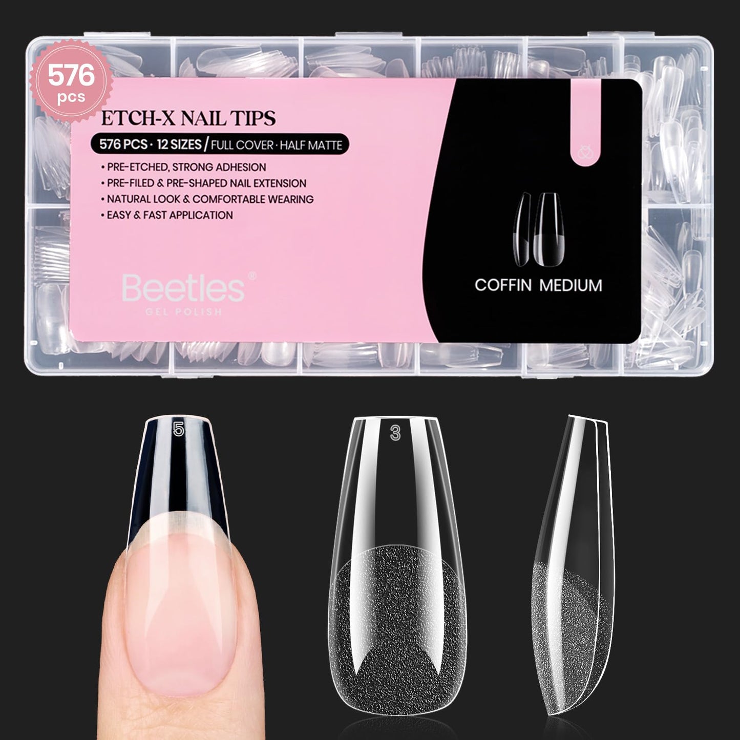 Beetles Gel Nail Tips Medium Coffin 576PCS Etch X Nail Tips, 12 Sizes Pre Shaped Half Matte Press On Nails Full Cover False Nails Acrylic Nails Glue on Nails Extensions Set for Women Home DIY