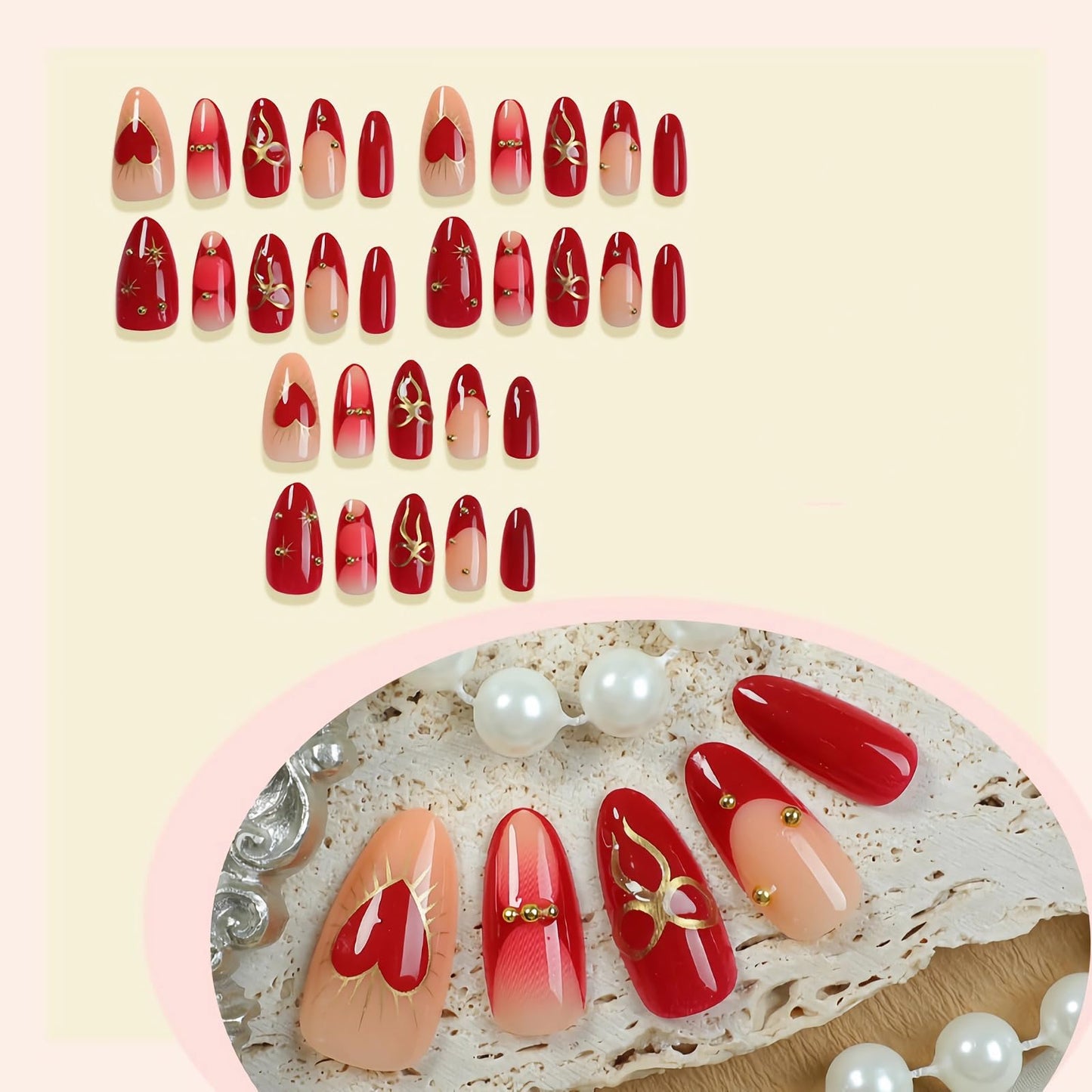 BABALAL Press on Nails Medium Almond Fake Nails Red French Tip Glue on Gold Chrome Bow Heart Design Y2k with Charm Supplies Art 24Pcs Manicure Glossy Full Cover Acrylic False Nails