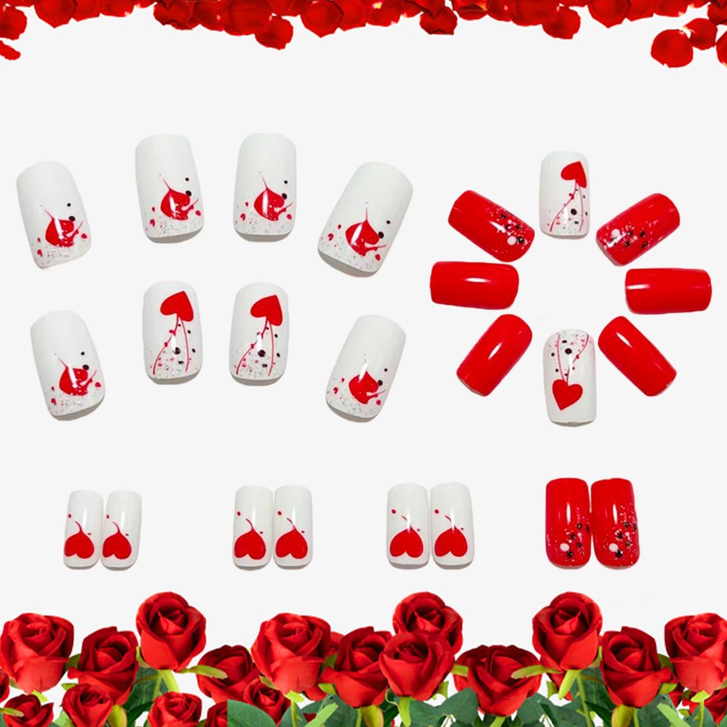 Heart Press on Nails Short Square Artificial Acrylic Fake Nails Red Love with Red Lines Design Valentines Artificial Fingernails Full Cover Glossy Glitter Stick on Nail for Women Festival Manicure