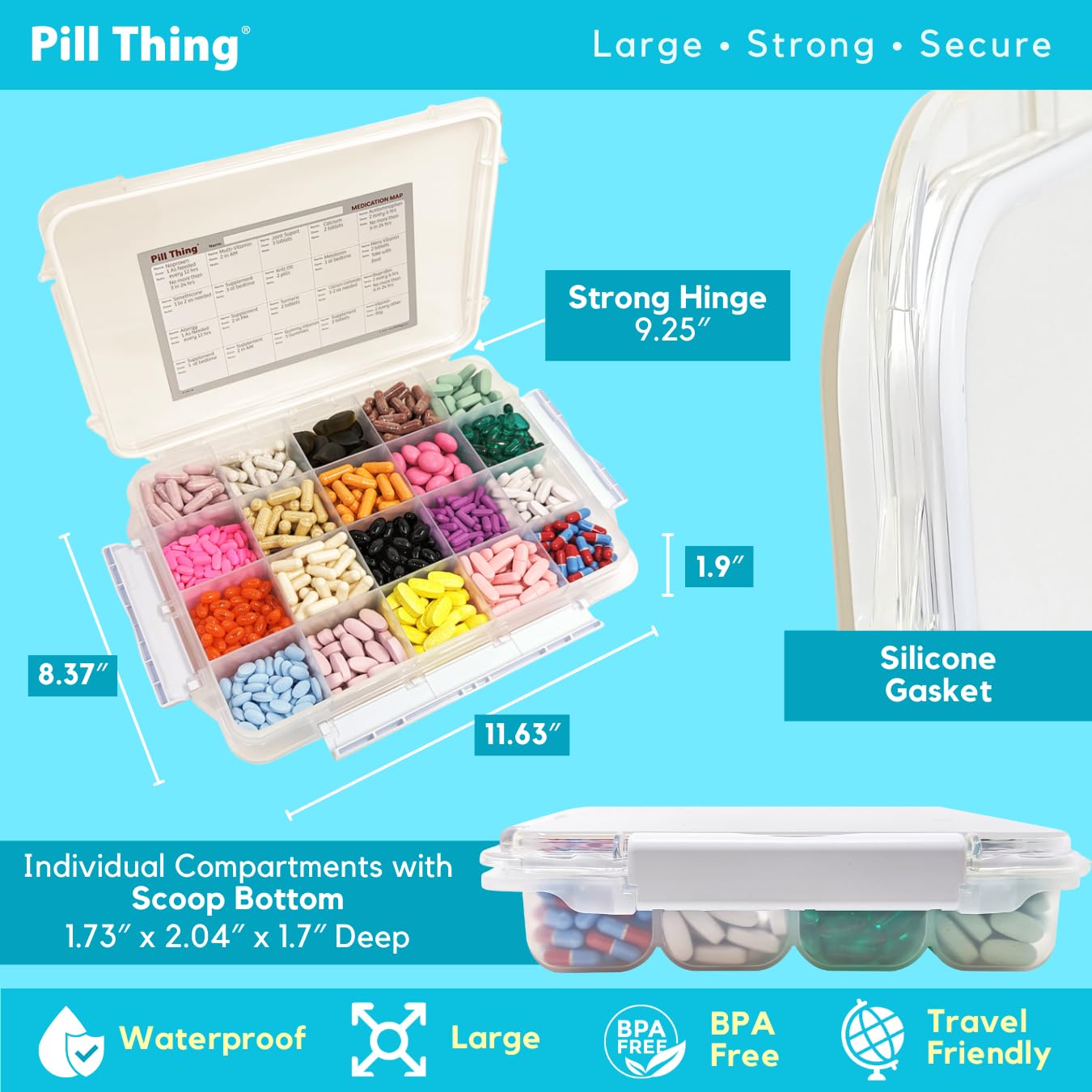 20 Compartment Large Pill Case with Airtight Seal - Silicone Gasket Waterproof Med Box with Medication Map (Clear, 1 Pack)