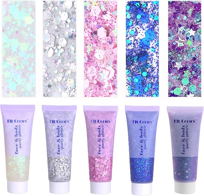 Face Body Glitter, Hair Glitter Sparkles Chunky Face Glitter Gel for Girls Makeup Singer Concerts Mermaid Festival Sequins Face Paint (White+Silver+Pink+Blue+Purple)