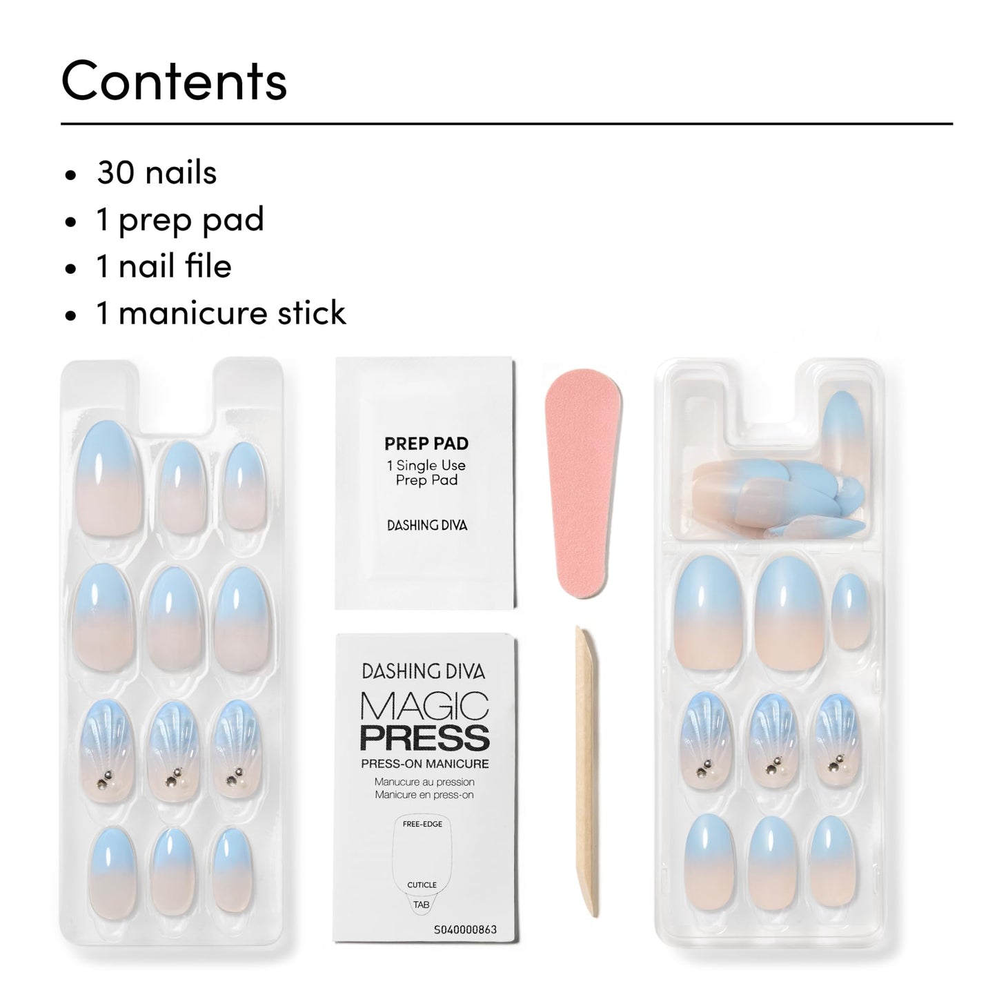 Dashing Diva Magic Press Nail Set - Shell We Kiss - Long Round Press On Nails - Long Lasting Gel - Lasts Up to 10 Days - Summer Gel Set - 4-Piece Manicure Kit with 30 Nails