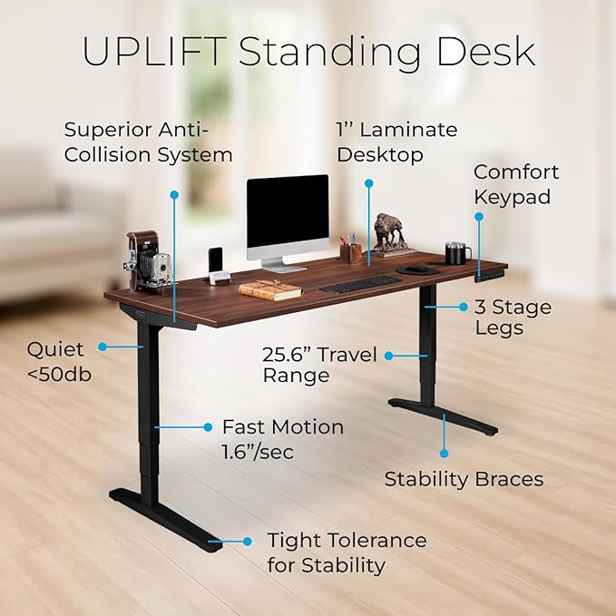 UPLIFTDESK V2 2-Leg Ash Gray Laminate Wood Standing Desk – Adjustable Height, Advanced 1-Touch Memory Keypad, Under Desk Cable Management, Wire Grommets & Rocker Board (Black -Frame, 72 x 30 inch)