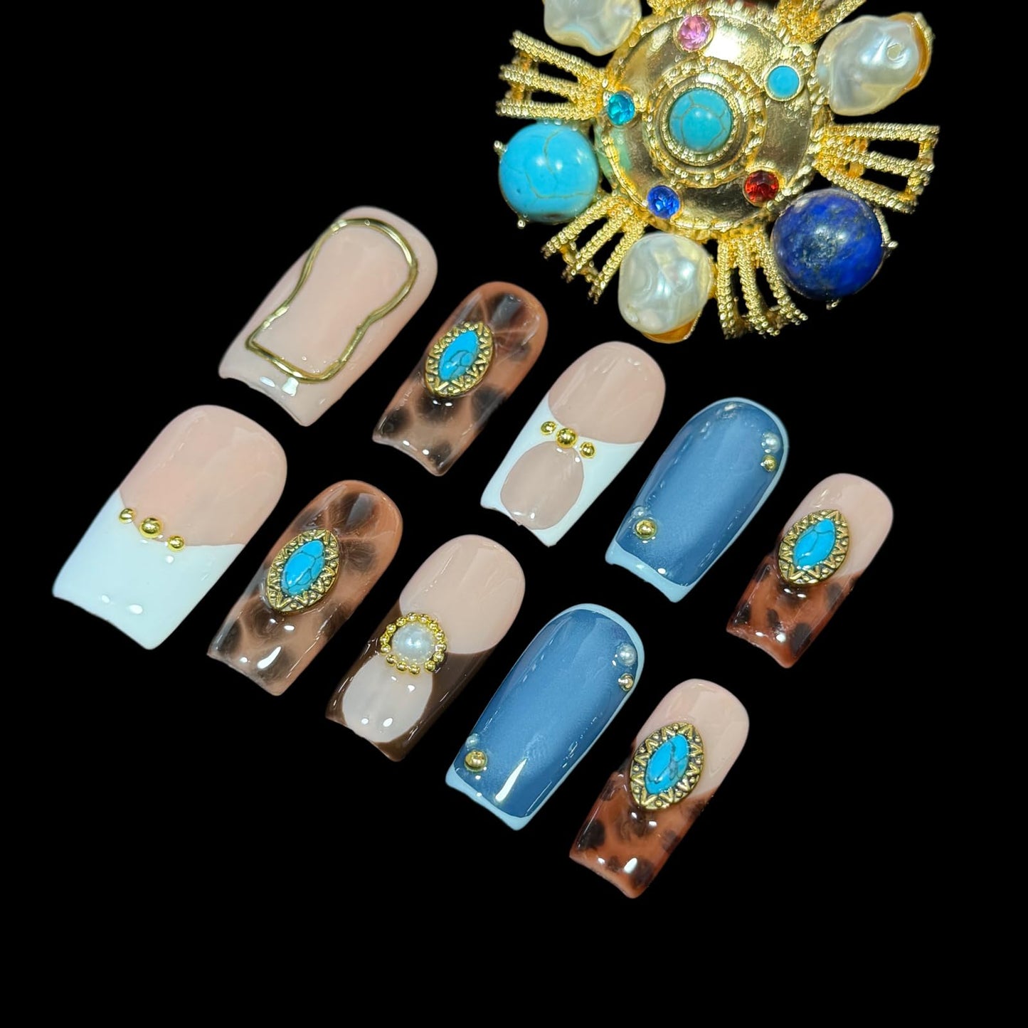Handmade Press on Nails - Turquoise & White French Tip Short/Medium Square Shape, Amber Print Acrylic Reusable False Nails with Pearl Accents (Turquoise, S)