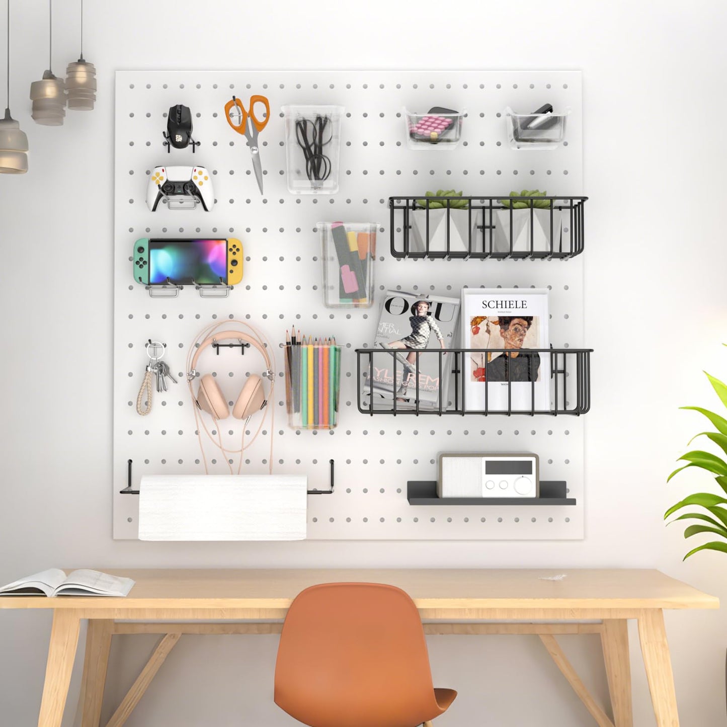 Daanxw Peg Board Accessories Kit,Pegboard Hooks Assortment with Bins,Cups,Wire Baskets,Paper Towel Holder Can be Used for Pegboard Garage Workbench Craft Room Organizing Tools (Transparent Cup+Box)