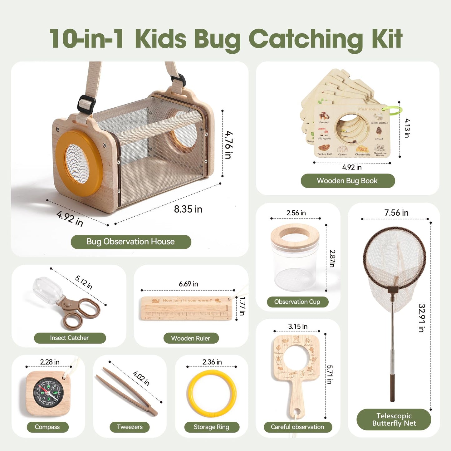 Wooden Bug Catcher Kit for Kids 3-8, 10PCS Durable Outdoor Explorer Kit with Magnifying Glass, Net & STEM Guide, Catch & Release Adventure Set for Backyard & Camping