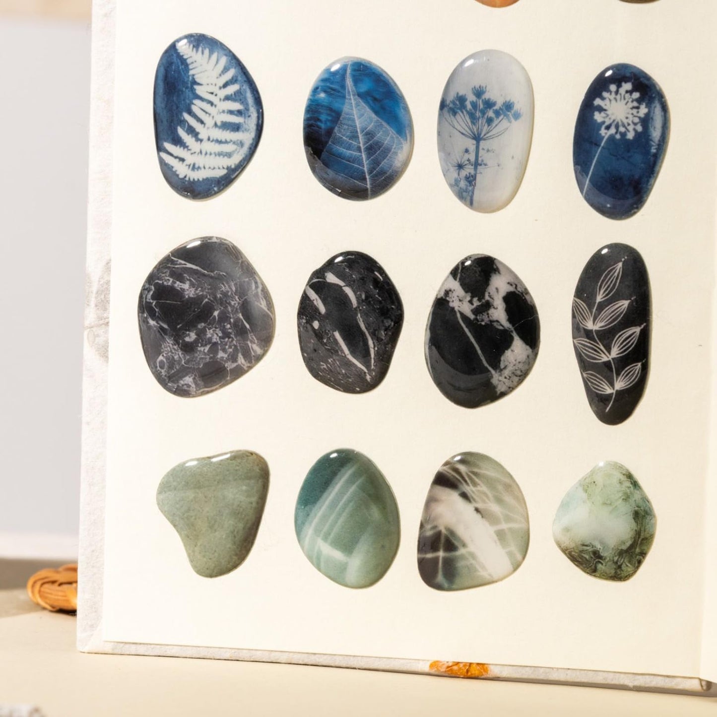 Doukado 60 Pcs 3D Epoxy Pebble Stickers, Aesthetic Stone Ephemera with Glossy Crystal Finish, Nature-Inspired Decorative Resin Decals for Junk Journaling, Scrapbooking, and DIY Art Crafts