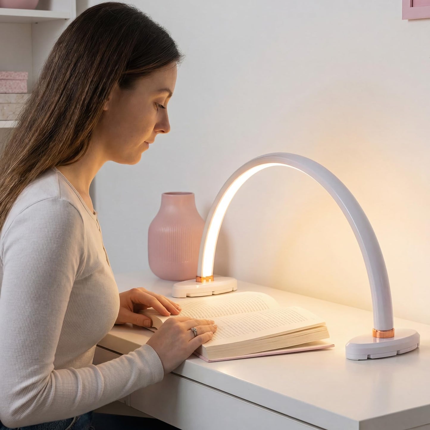 obcd Half Moon Light for Nail Desk 16 inch Nail Desk Light Half Moon Lamp Portable Arch Lamp Dimmable with Foldable Bracket for Desk Salon Table Use, 3 Color Temperature