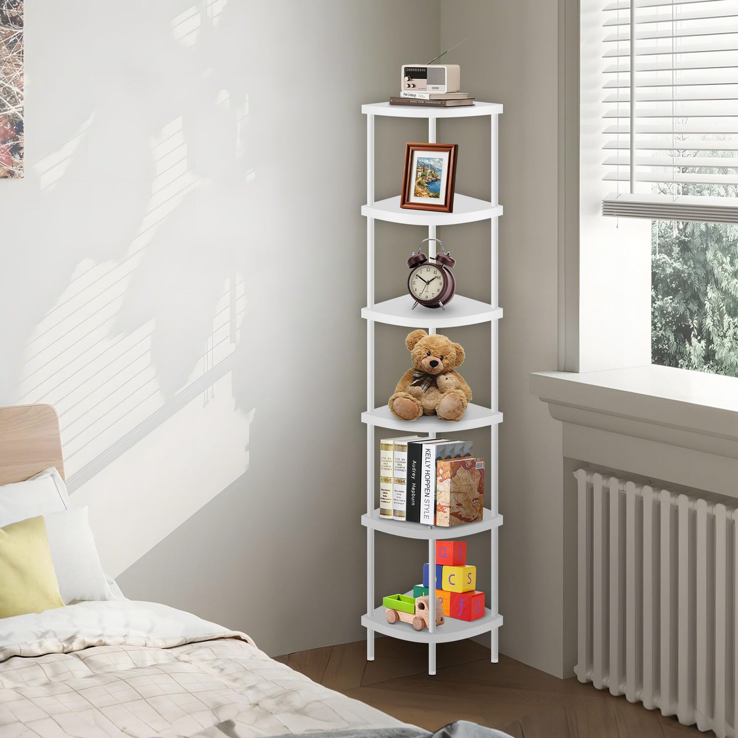 Qupui 6 Tier Corner Shelf Stand, 66” Tall Corner Bookshelf Multipurpose Shelving Unit, Plant Stand Display Rack Home Organizer Shelves for Bedroom Living Room, White