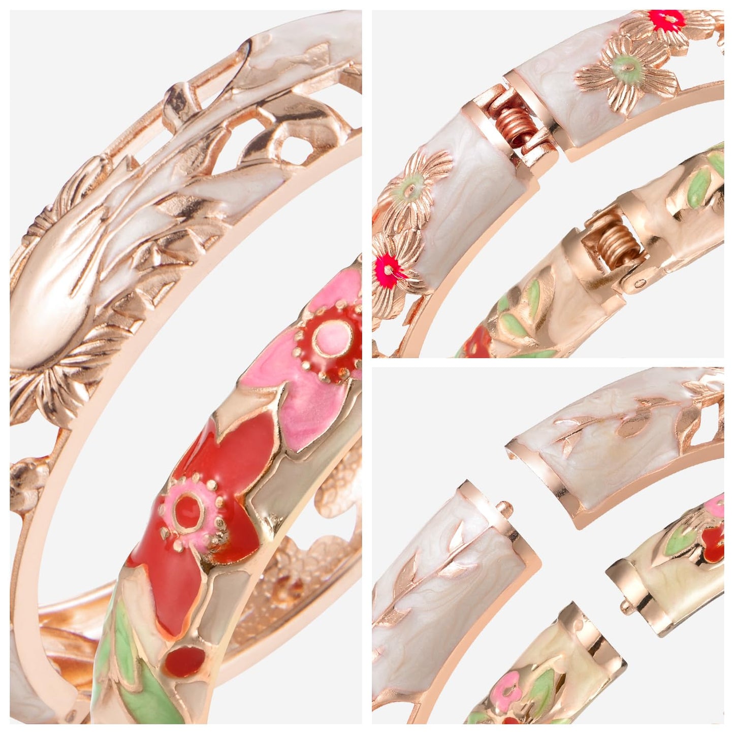 wynameleri Vintage Cloisonne Jewelry Gorgeous Rhinestone Handcrafted Bracelets Enamel Flower Bird Hinged Cuff Bangles Gifts 88A31-55A101 Cream White