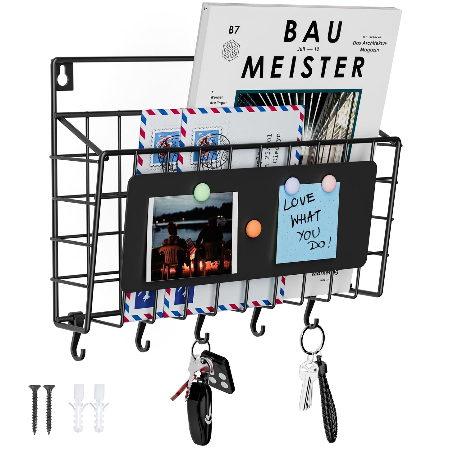 Baeymonkay Easy Assembly and Installation Iron Key Holder Wall Mount, Mail Organizer for Wall, Matte Black Finish, Extra Large Storage Space for Mail, Mail Holder Features 5 Hooks, Key Rack Hanger