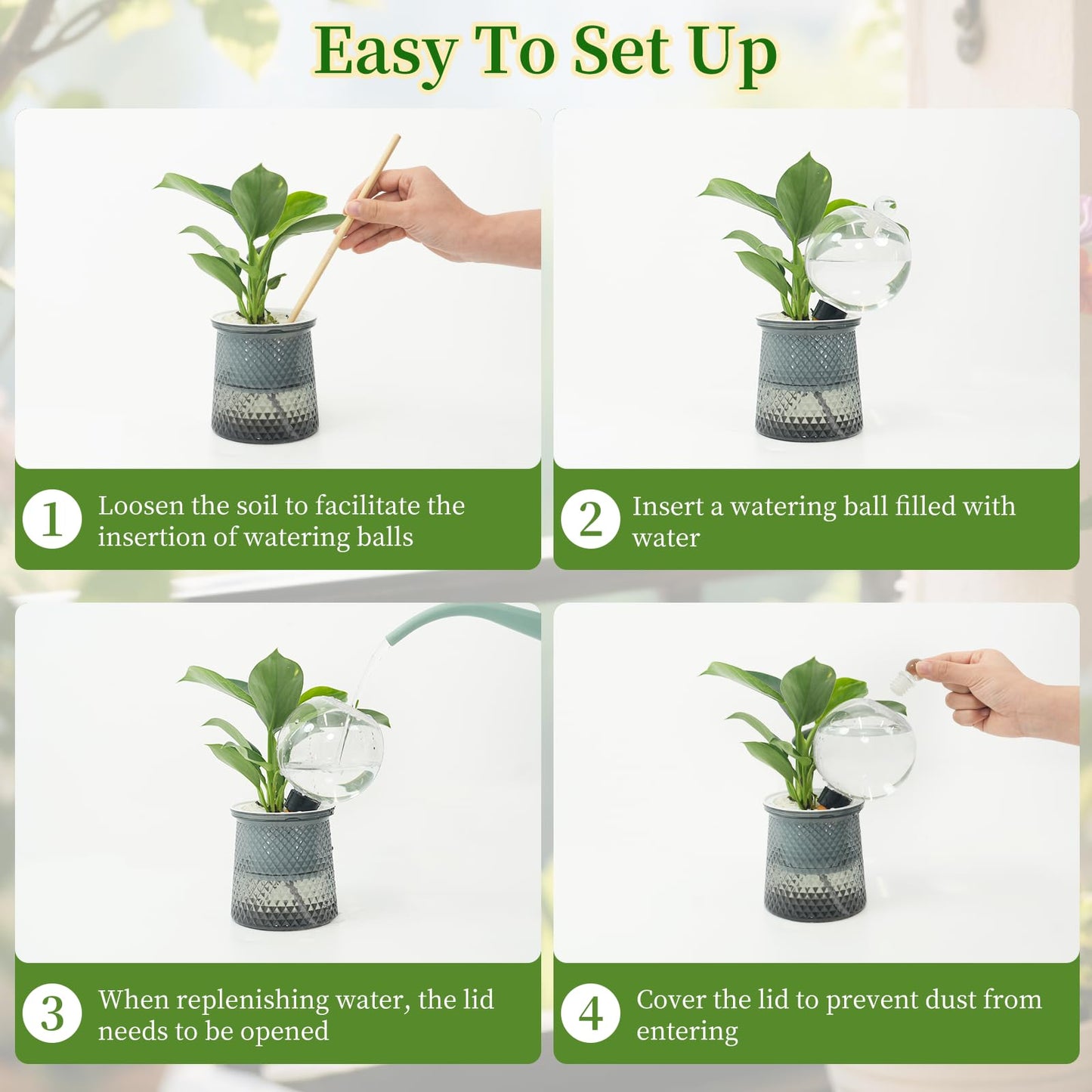 4pcs Plant Self Watering Globes with Covers, Plastic Water Bulbs Top Fill, Plant Watering Devices System Slow Release Terracotta, Water Spikes Stakes for Indoor (4)