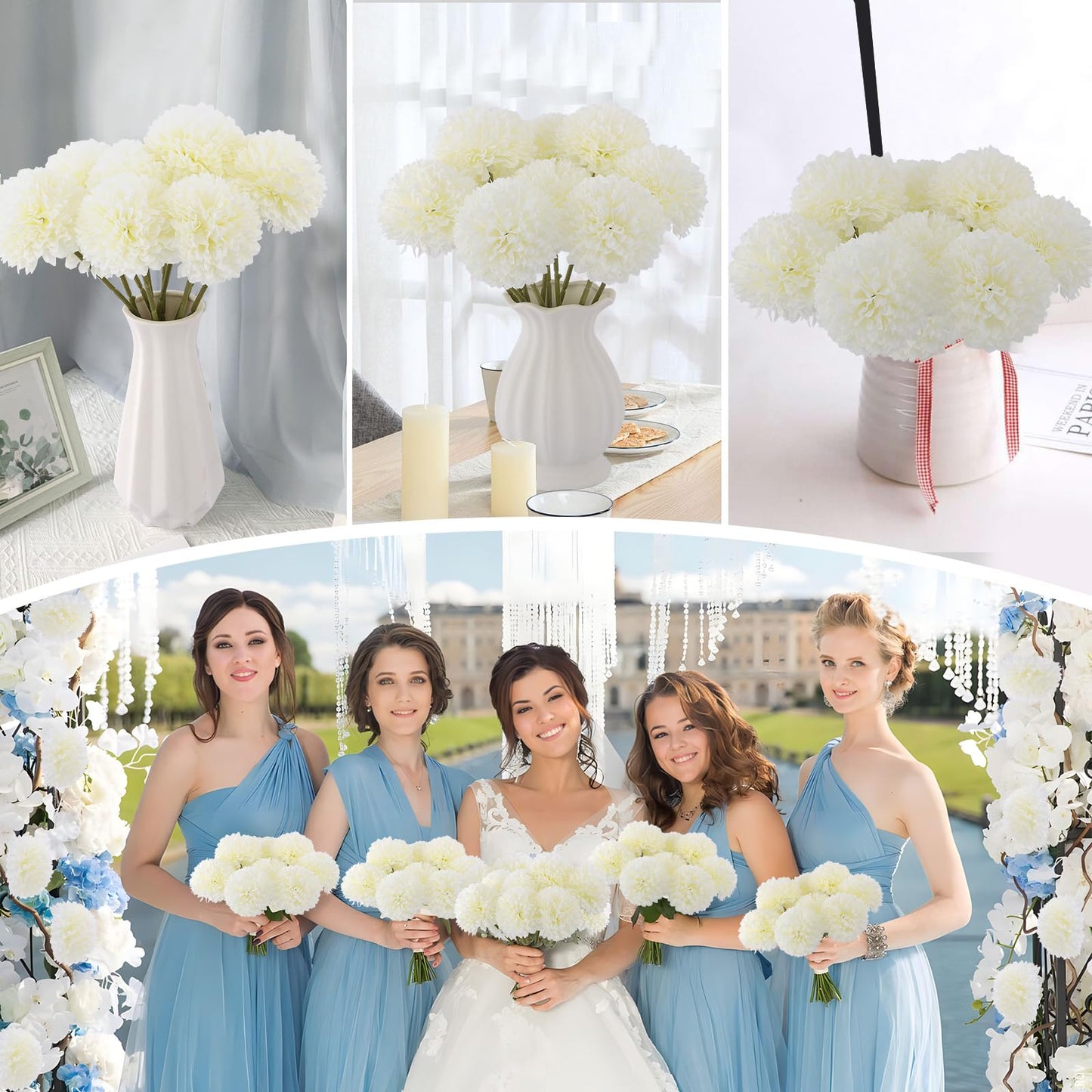 Rowfad 12 Pcs Artificial Chrysanthemums Flowers Silk Ball White Flowers Fake Mums Spring Flowers for Valentine‘s Day Wedding Home Decor (12, White)