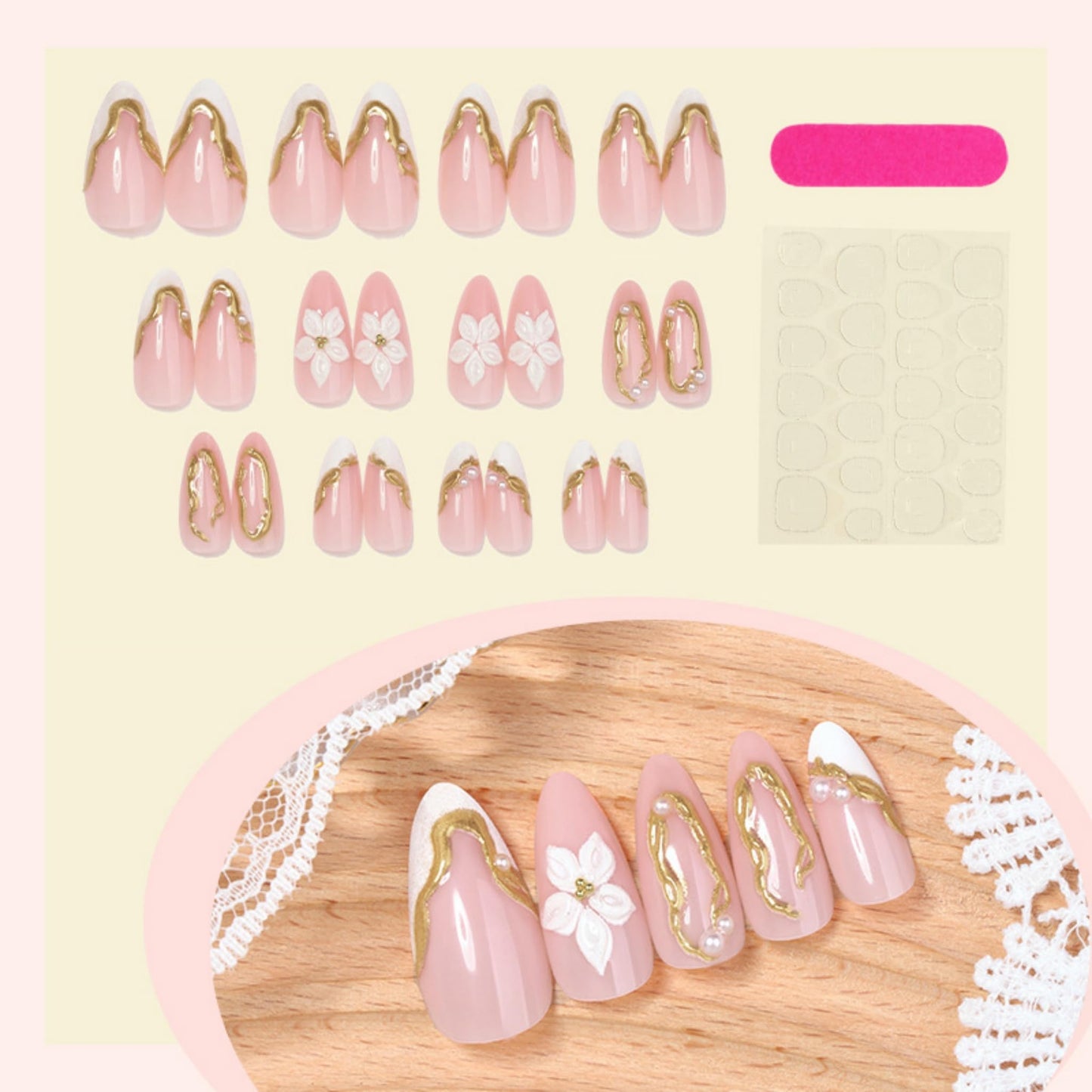 Almond Press on Nails Medium Fake Nails French Artificial Nail White Flowers and Gold Charm Stick on Nail for Women 24pcs