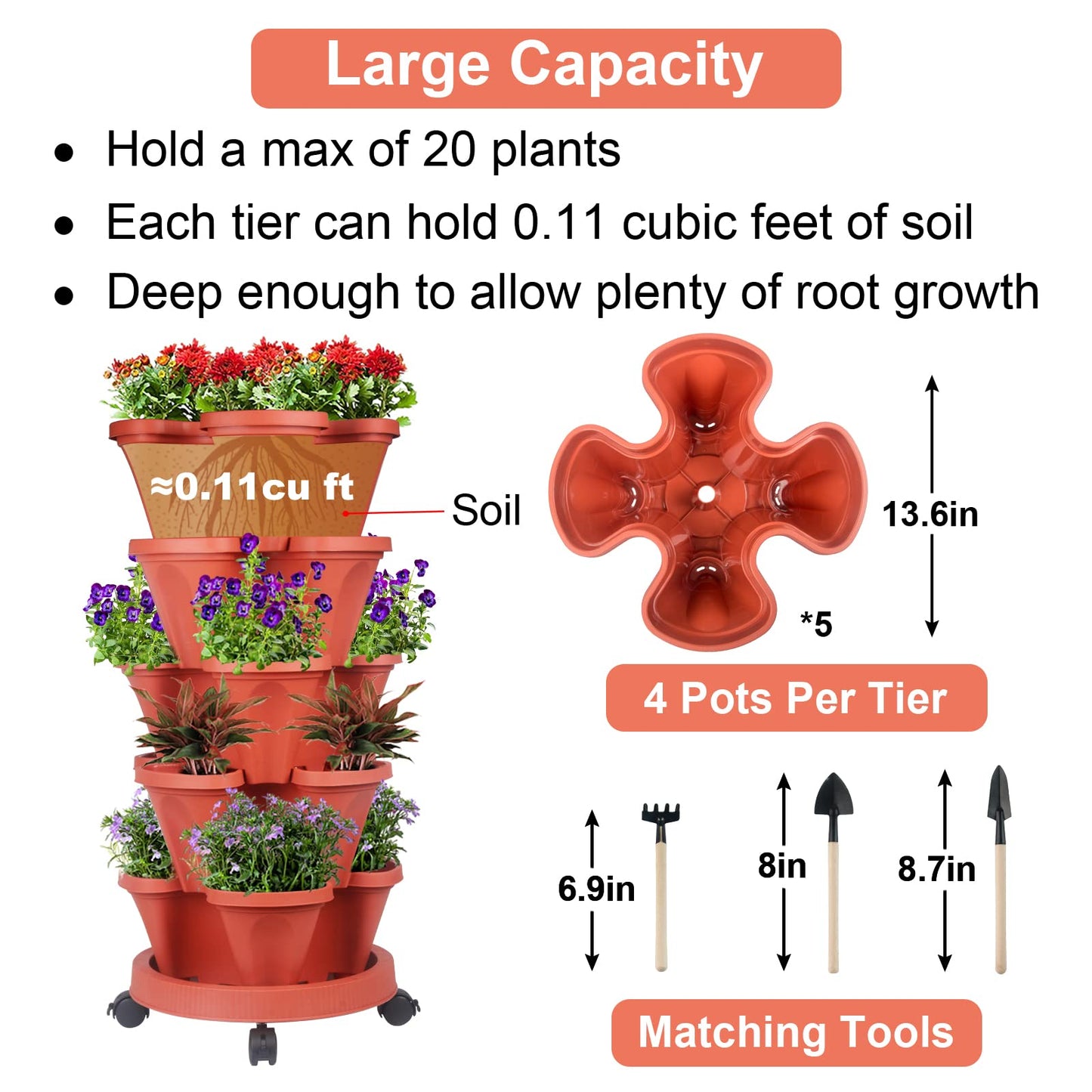 GameXcel Vertical Planter Tower - 5 Tier Stackable Garden Planters with Wheels and Tools Plant Pots for Strawberry Herb Flower and Vegetable Indoor Outdoor Use Red