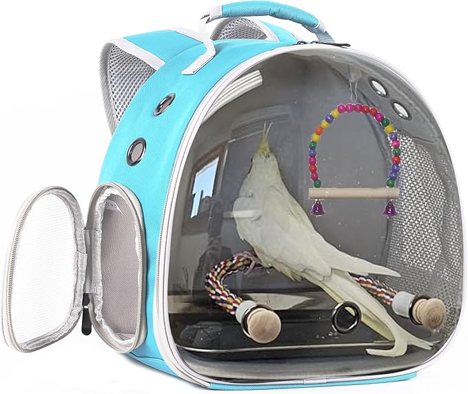 Parrot Travel Cage Carrier with Bird Cage Bells Mirror Set,Portable Small Bird Parakeet Bag with Standing Perch and Comfy Mat Bird Carry Transport Bag with Clear Window Outdoor Adventure