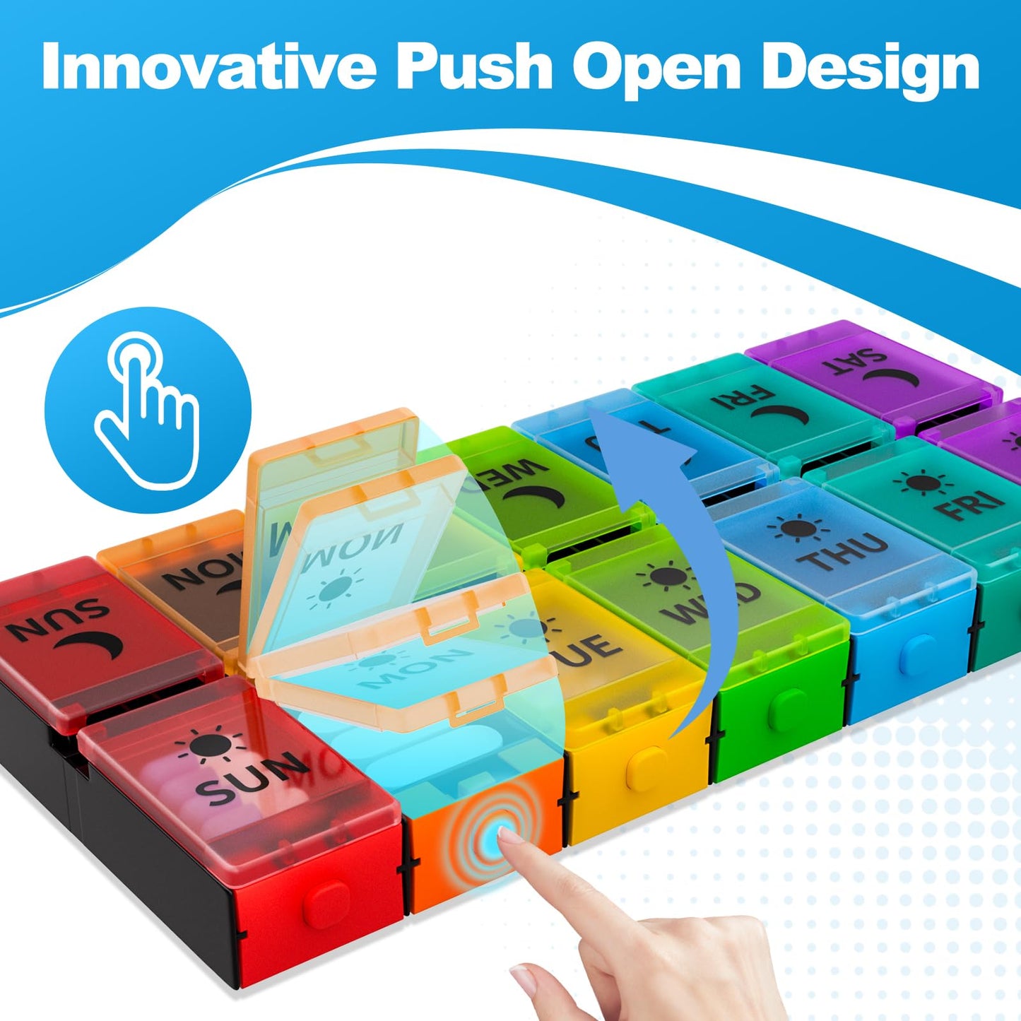 Push Button Weekly Pill Organizer 2 Times a Day, Medicine Pill Organizer, Pill Box Case 7 Day AM PM, Pill Container for Vitamins, Fish Oil, Supplements Medication (Colorful)