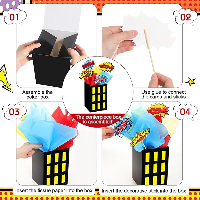 4 Sets Hero Theme Party Decoration Hero Boxes Centerpiece (7.9 x 5.1 x 5.1 Inch) Sticks with Tissue Paper Standing Cards Birthday Baby Shower Party Supplies (Red,Yellow,Blue)