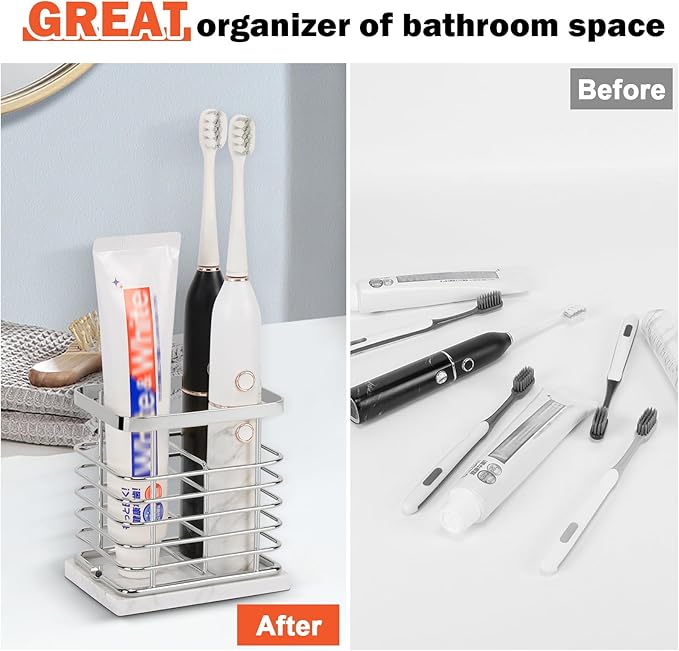 HarJue Toothbrush Holder, Luxurious Metal Toothbrush Toothpaste Holder with Marble Base for Bathroom, Multi-Slots Openwork Design, Bathroom Accessory for Storage and Organizer (Small, Chrome)