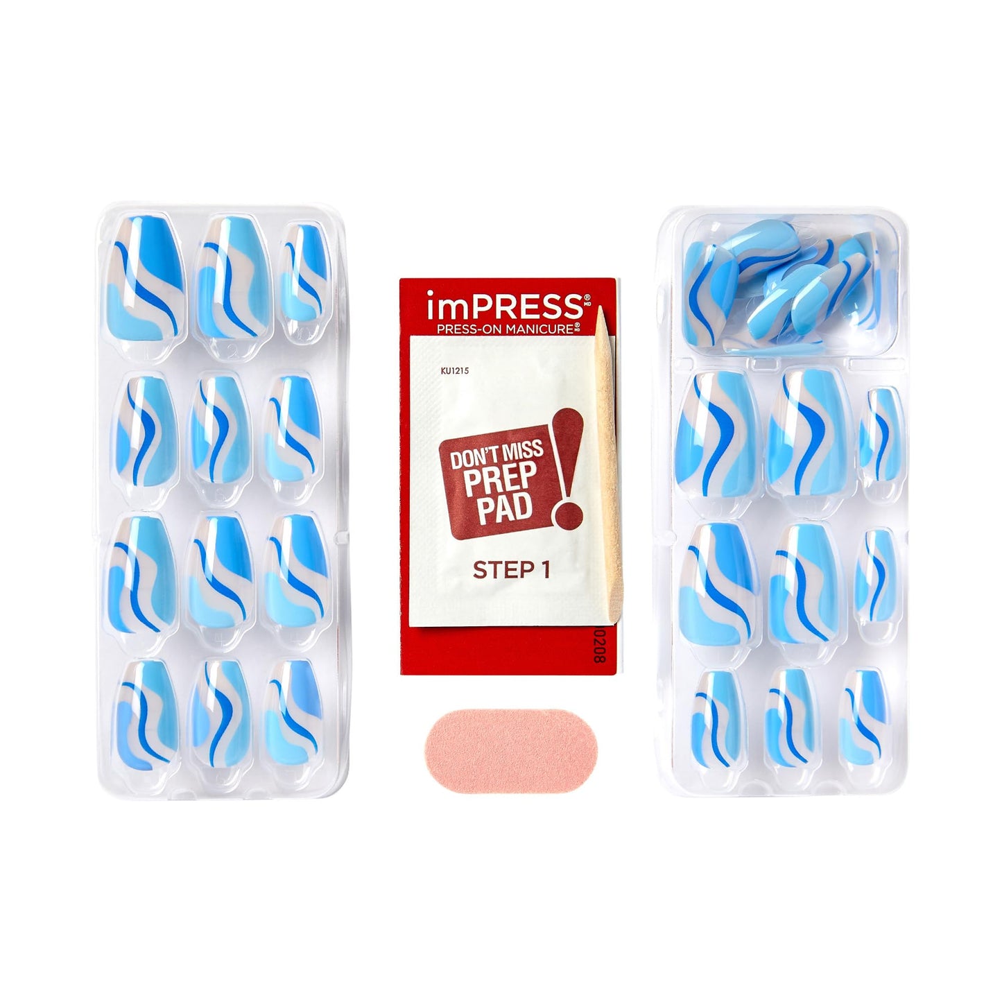 KISS Impress No Glue Mani 30 Pcs Press on Nails, Medium Coffin Design Nail, Dynamic Blue Print, Simple Peel & Press Easy Apply, Hassle-Free Removal, Essential Tools Included