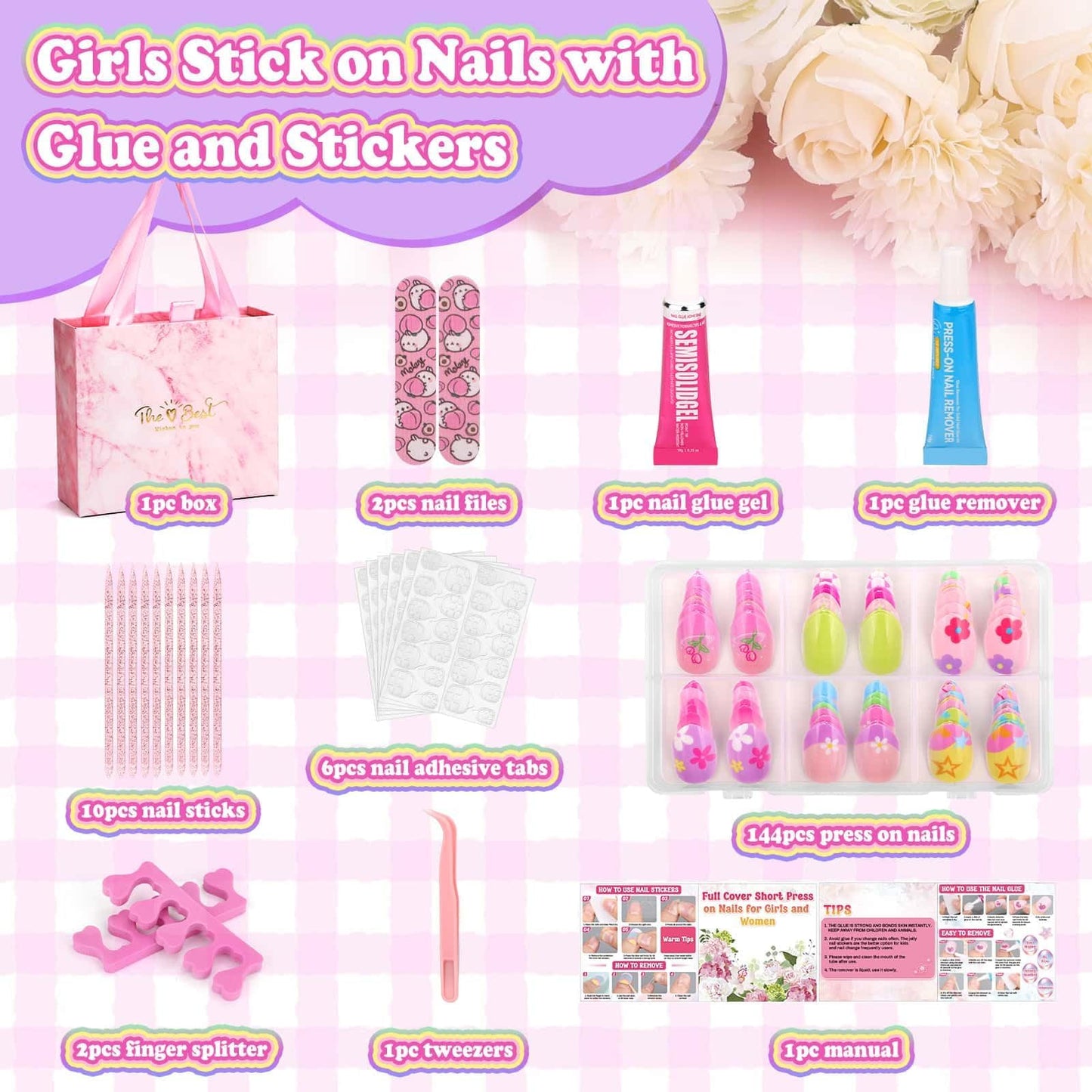 144 Pcs Press on Nails with Glue, Almond Fake Nail Stick on Nails Kit with Jelly Stickers & Nail Builder Adhesive Cute Acrylic Nails Stuff for Gift