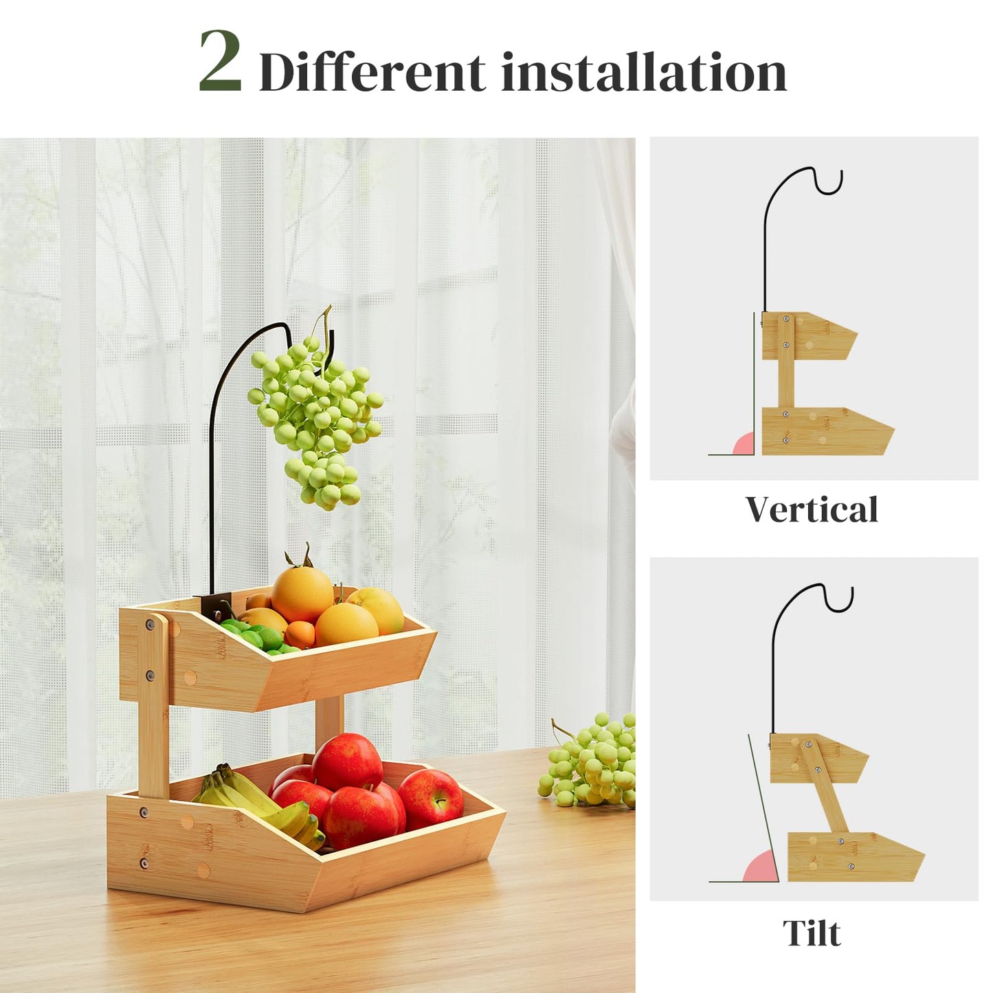 PULIJIAJU Bamboo Fruit Basket, Fruit Holder With Banana Hanger, Fruit Bowl, Kitchen Counter For Fruit and Vegetable Storage, Bread Basket, Snack Organizer Holds (Natural, 2-Tier)