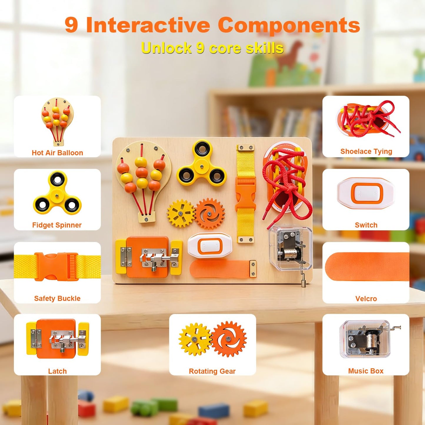 SEYTUFU Montessori Busy Board for Toddlers, Wooden Sensory Toys Autistic Children, Travel Toys for Educational Fidget Board with Switches & Music Boxes, Fidget Spinner, Locks for 3+ Year Kids Gifts.