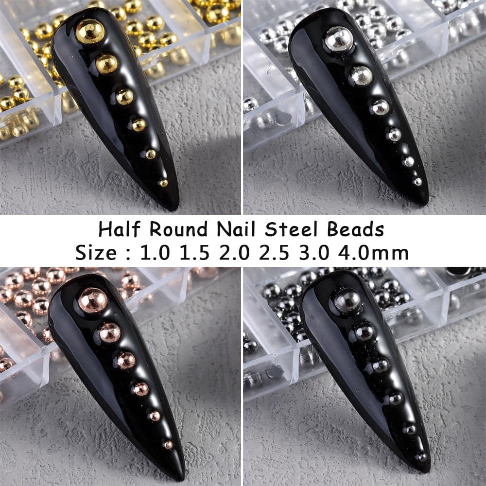 4 Boxes Mixed Sizes Flat Back Steel Beads 3D Nail Charms Kit, Gold Silver Rose Gold Black Half Round Metal Caviar Beads Balls with Pickup Tweezers Manicure DIY Crafts Decorations