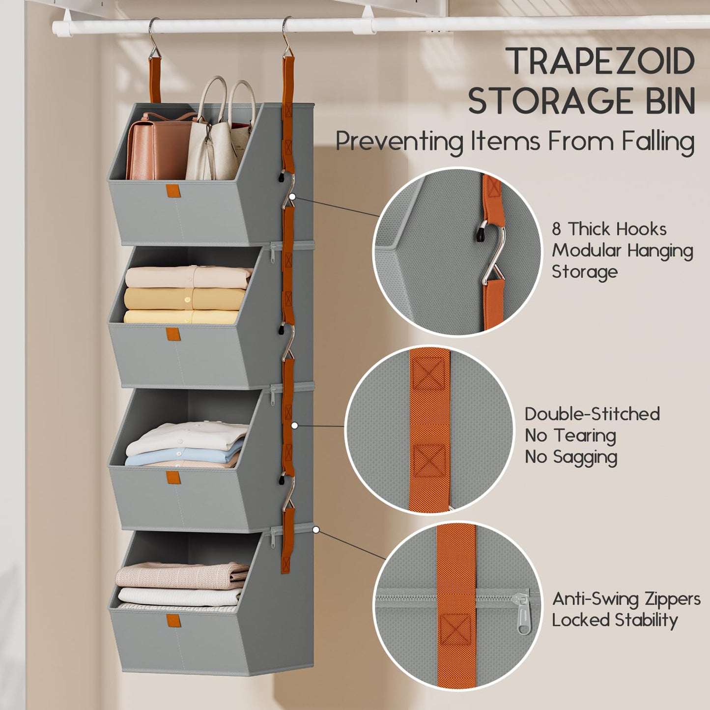 Homsorout Hanging Closet Organizer 4 Tier - Clothes Hanging Shelves, Space-Saving Closet System, Fabric Storage Bins Bedroom Organization, Collapsible Baskets for Home, Dorm, Rv, Grey