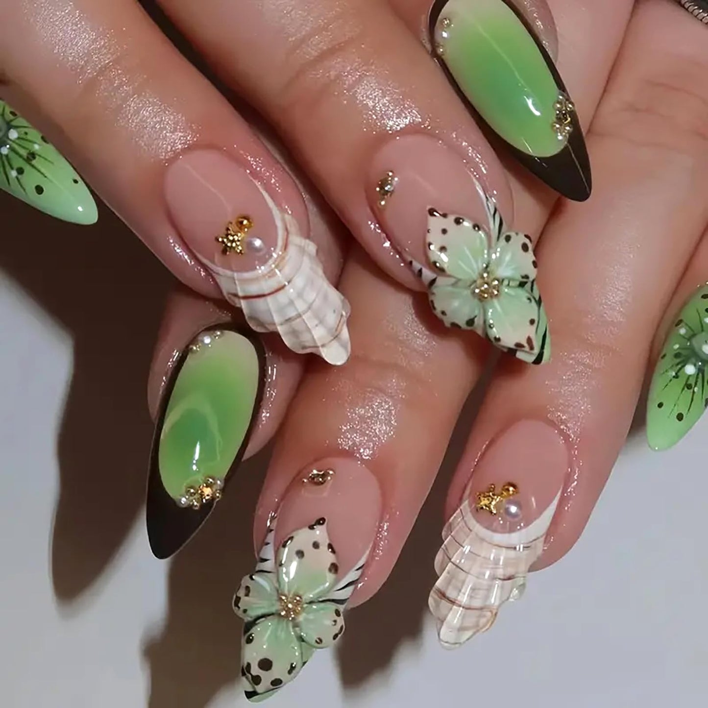 HOSAILY Green Flower Press on Nails Medium Almond, 3D Spring Summer Beach Tropical Floral Rhinestone Pearl False Nails for Women, 24Pcs Glossy Full Cover Stick on Starfish French Tip Nails with Glue