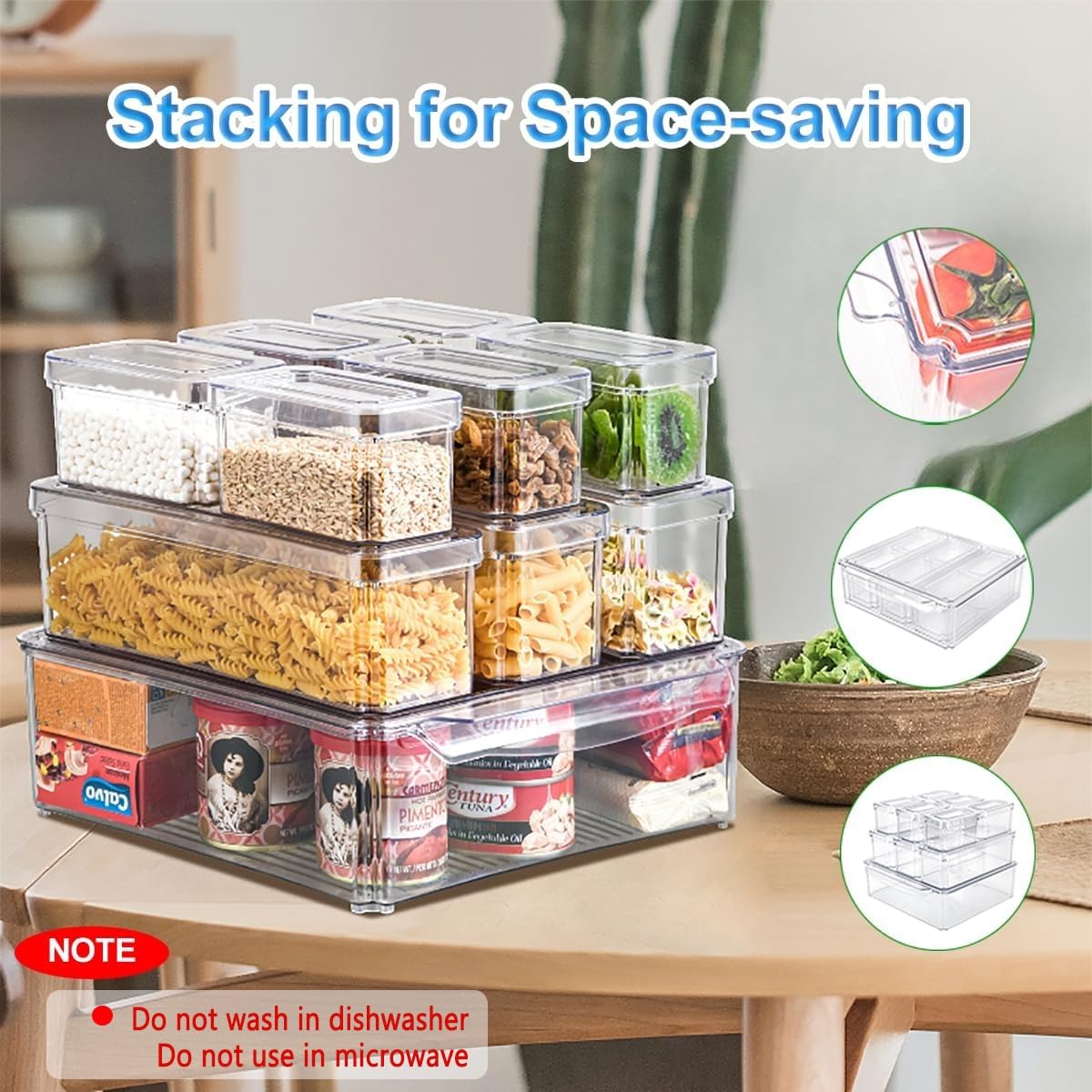 Pure Future 10-Pack Clear Fridge Organizer Containers with Lids, Stackable BPA-Free Refrigerator & Produce Storage Containers with Drain Tray & Anti-Slip Base for Fruits, Veggies & Drinks