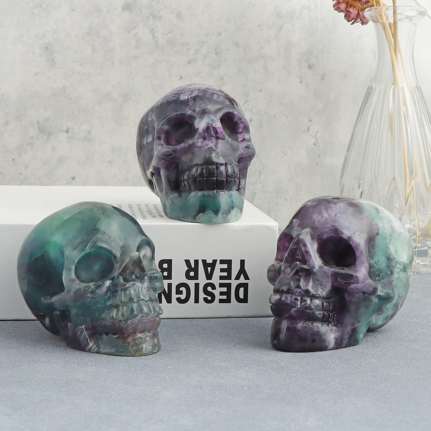 LEADGEM Crystal Skull Head Statue Hand Carved 3.0" Rainbow Fluorite Polished Gemstone Skull Stone Figurine Crafts Ornament for Home Office Halloween Decor