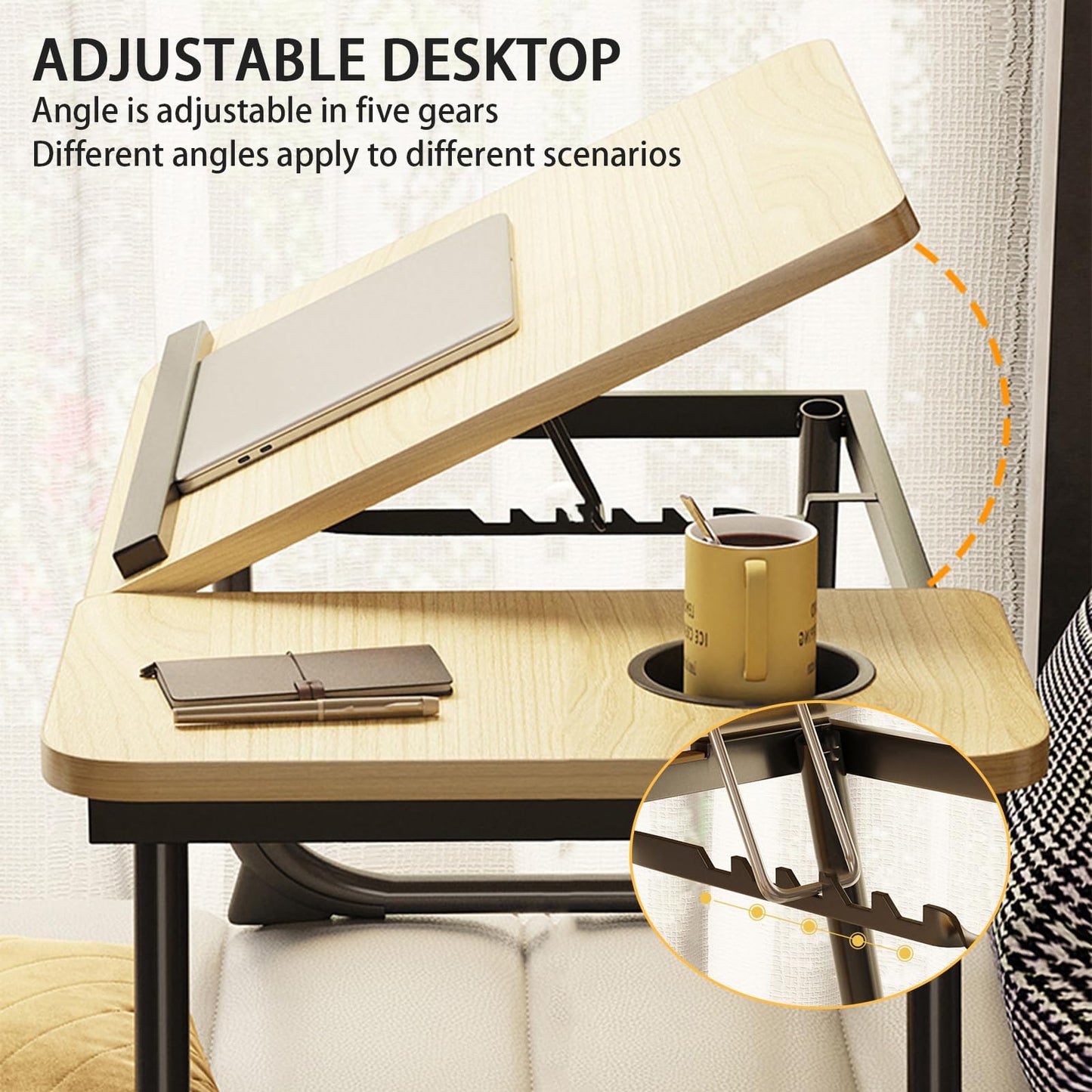 Adjustable Laptop Desk for Bed, 5-Angle Adjustable Lap Tray Table with Cup Holder, Portable Foldable Bed Desk for Eating, Working, Writing & Reading (Yellow)