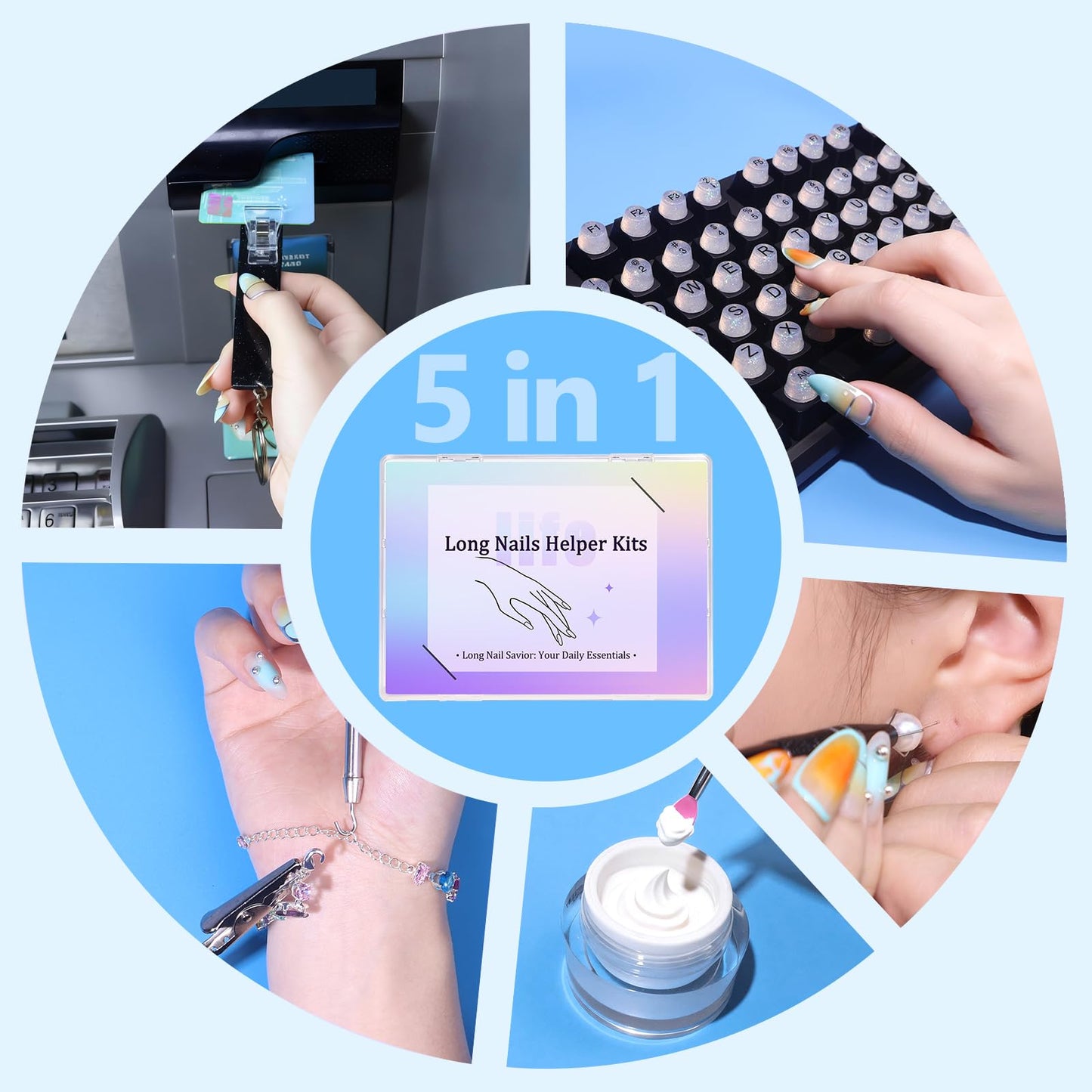 Raisetip Long Nail Helper Tool|Raised Button Keyboard, Jewelry Grabber Tool, Bracelet Helper, Card Grabber, Silicone Lip Brushes – Ideal Gift for Women with Long Nails