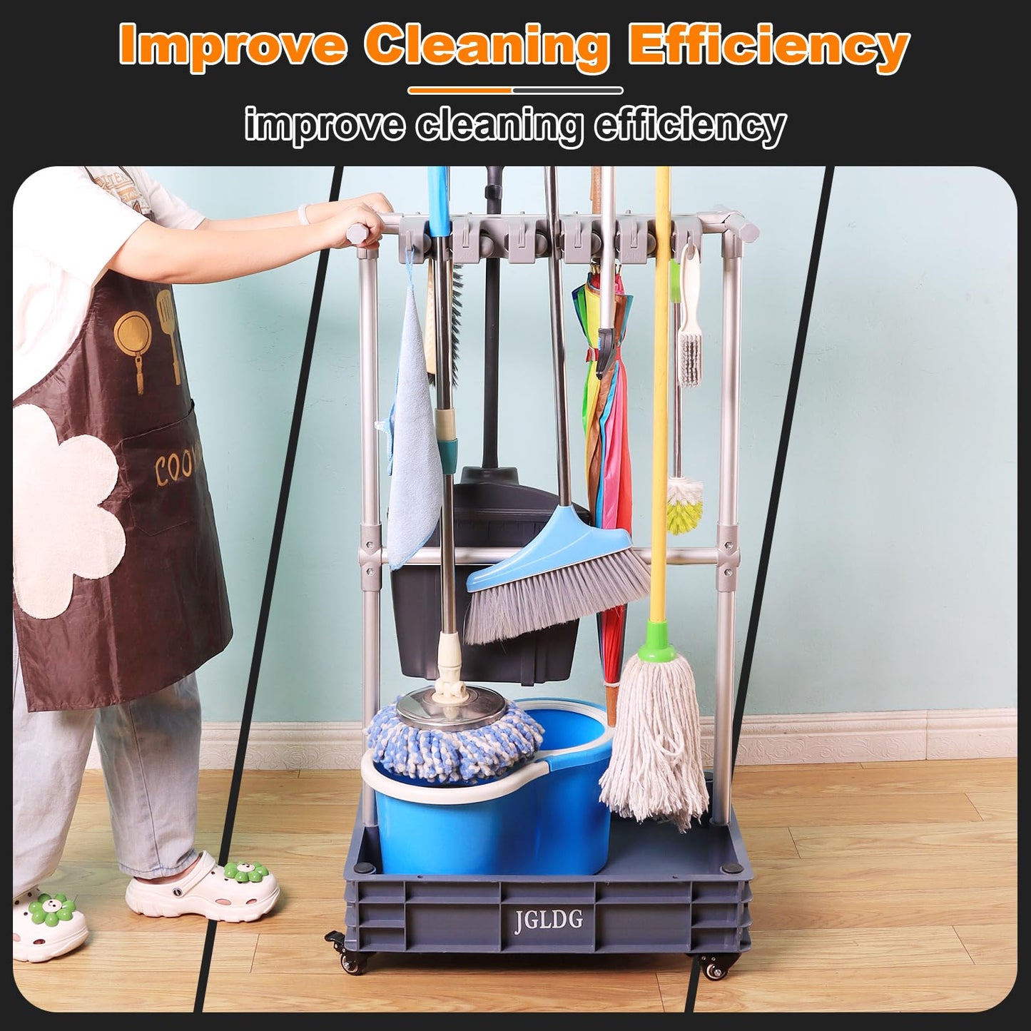 JGLDG Mobile Mop and Broom Holder，Efficient Storage Solution for Cleaning Tools Keep Your Tools Handy and Organized