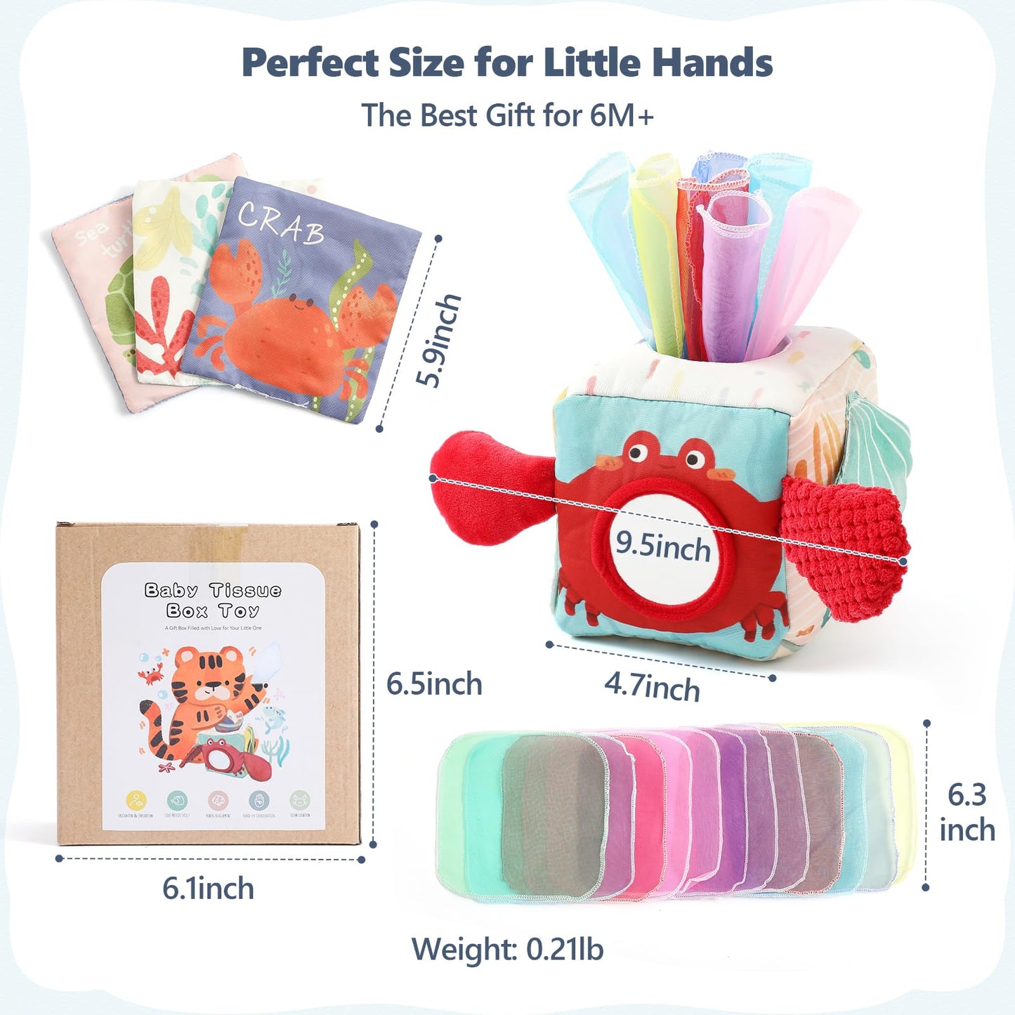 Soft Fabric Tissue Box Toy for 6-12 Months Baby - Sensory Development Toy for Tummy Time, Crinkle Paper & Safety Mirror (Infant Sensory Toy)