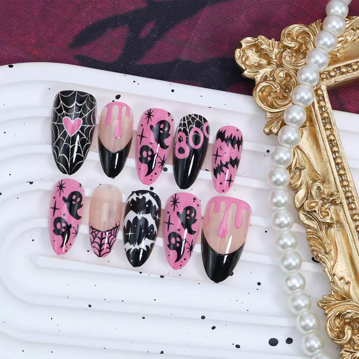 30Pcs Halloween Press on Nails Medium Almond French Tip Fake Nails with Black Ghost Bat Spider Web Design Glossy False Nails Full Cover Artificial Glue on Nails Pink Heart Stick on Nail for Women DIY