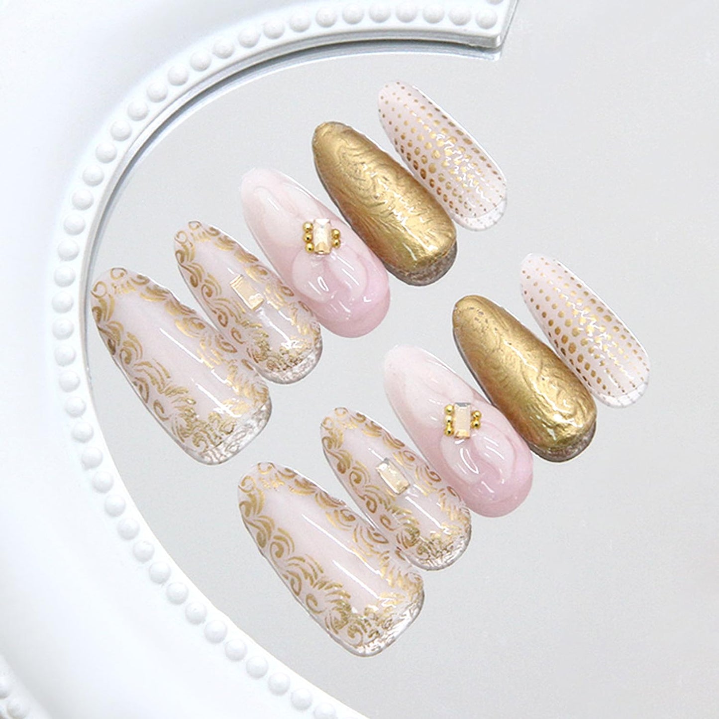 30Pc White Flower Press on Nails Medium Almond Fake Nails with 3D Gems Designs Chrome Gold False Nails Irregular Gilded Lines Full Cover Gold Polka Dots Glossy Gel Artificial Stick on Nails for Women
