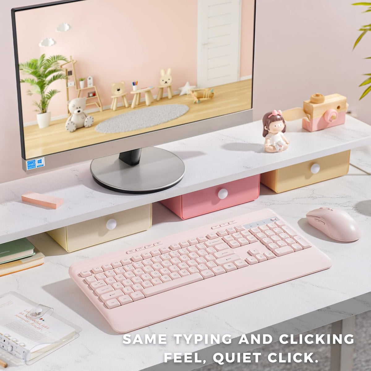 Silent Wireless Keyboard and Mouse Combo - Keyboard with Large Print Cover, 2.4GHz Full-Sized Ergonomic Keyboard with Wrist Rest and Mouse for Laptop, PC, Notebook, Desktop