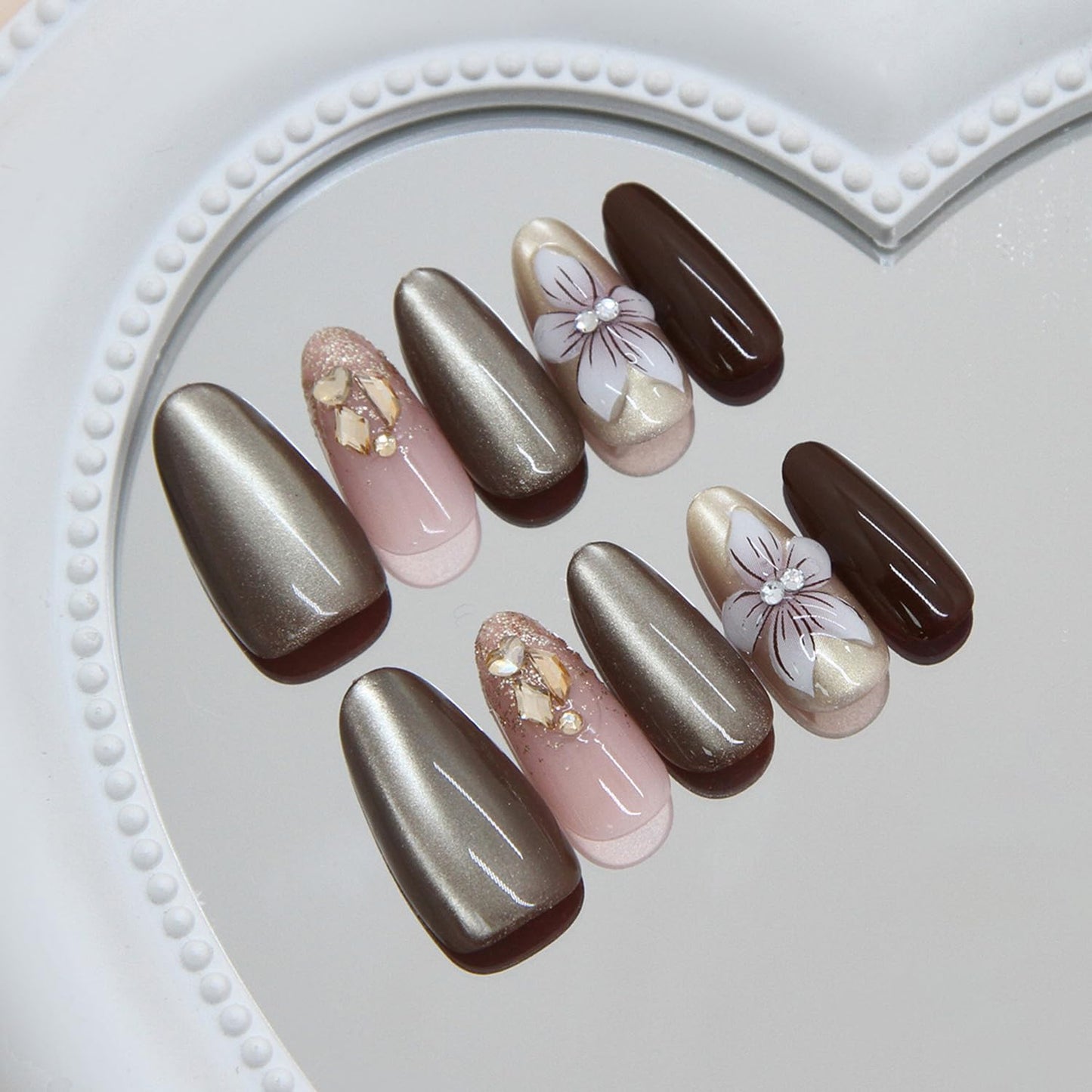30Pcs Flower Press on Nails Medium Almond Fake Nails Artificial Acrylic 3D Floral with Rhinestones Glitter Spring Design Full Cover Glossy Stick on Nail Artificial Fingernails for Women Manicure
