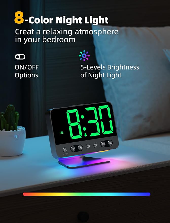 Odokee Digital Alarm Clocks for Bedrooms with Large Bold Number | Electric Desk Clock with Night Light & Brightness Dimmer - Loud Alarm for Heavy Sleepers with Adjustable Volume - Green