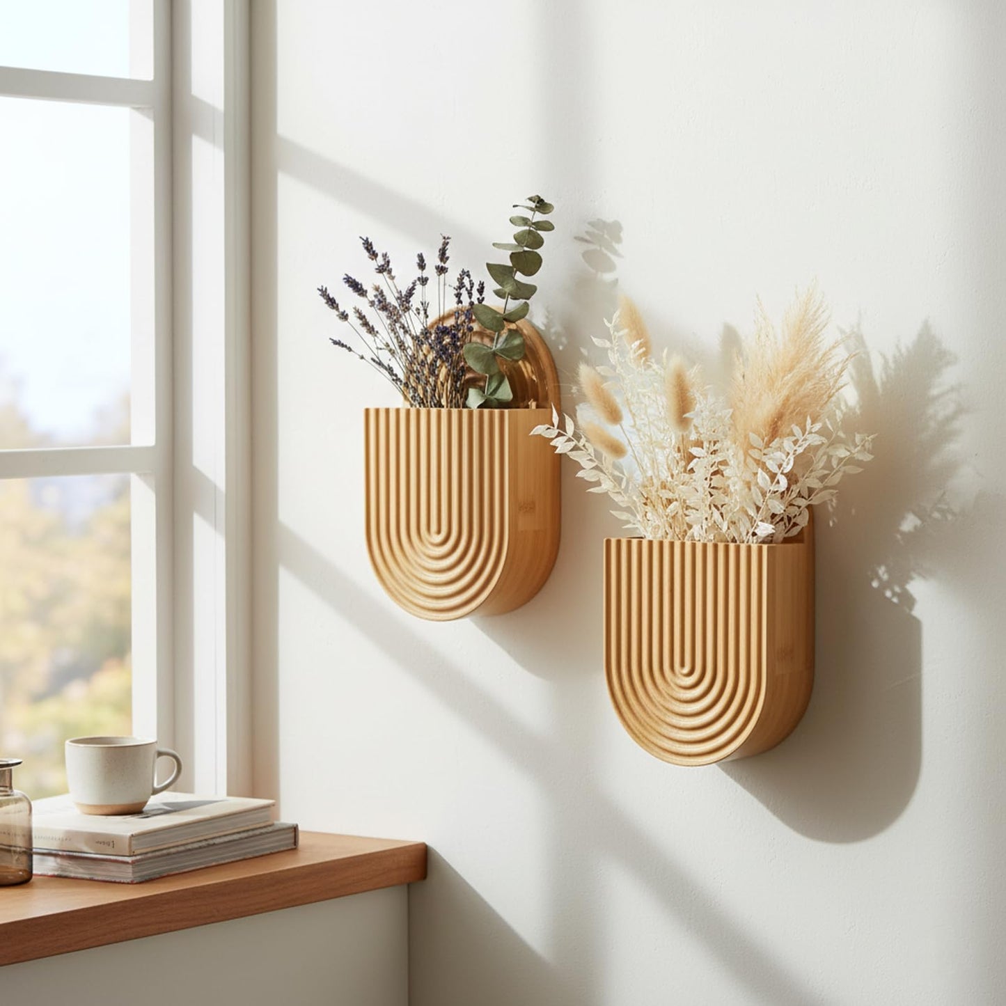 Aimto Wooden Wall Vase Set of 2, Bamboo Boho Wall Decor Planters Holder for Indoor Plants, for Entryway, Hallway, Bathroom, Living Room, Dining Room