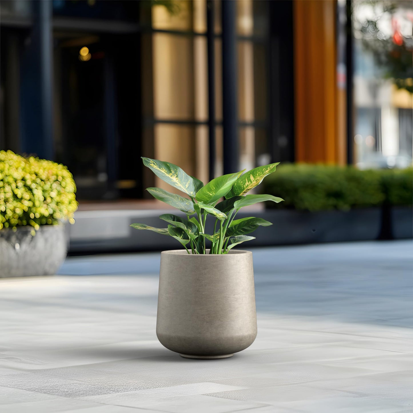Kante Round Concrete Planter, 13 Inch Dia Barrel-Style Garden Pot with Drainage, Weathered Concrete Finish with Painted Interior, Ideal for Home, Patio and Garden (10.2" Opening)