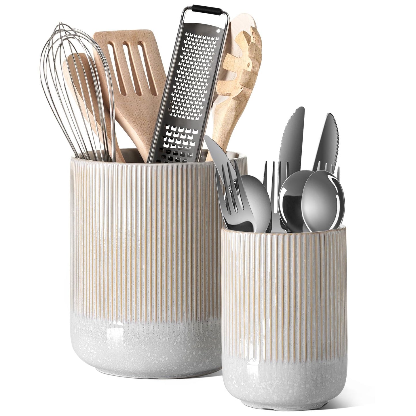 LE TAUCI Utensil Holder for Kitchen Counter, 7.3"+5.4" Fluted Ceramic Utensil Crock Organizer for Countertop, Heavy Large Holder for Spatulas, Spoons, Set of 2, Gray Marble