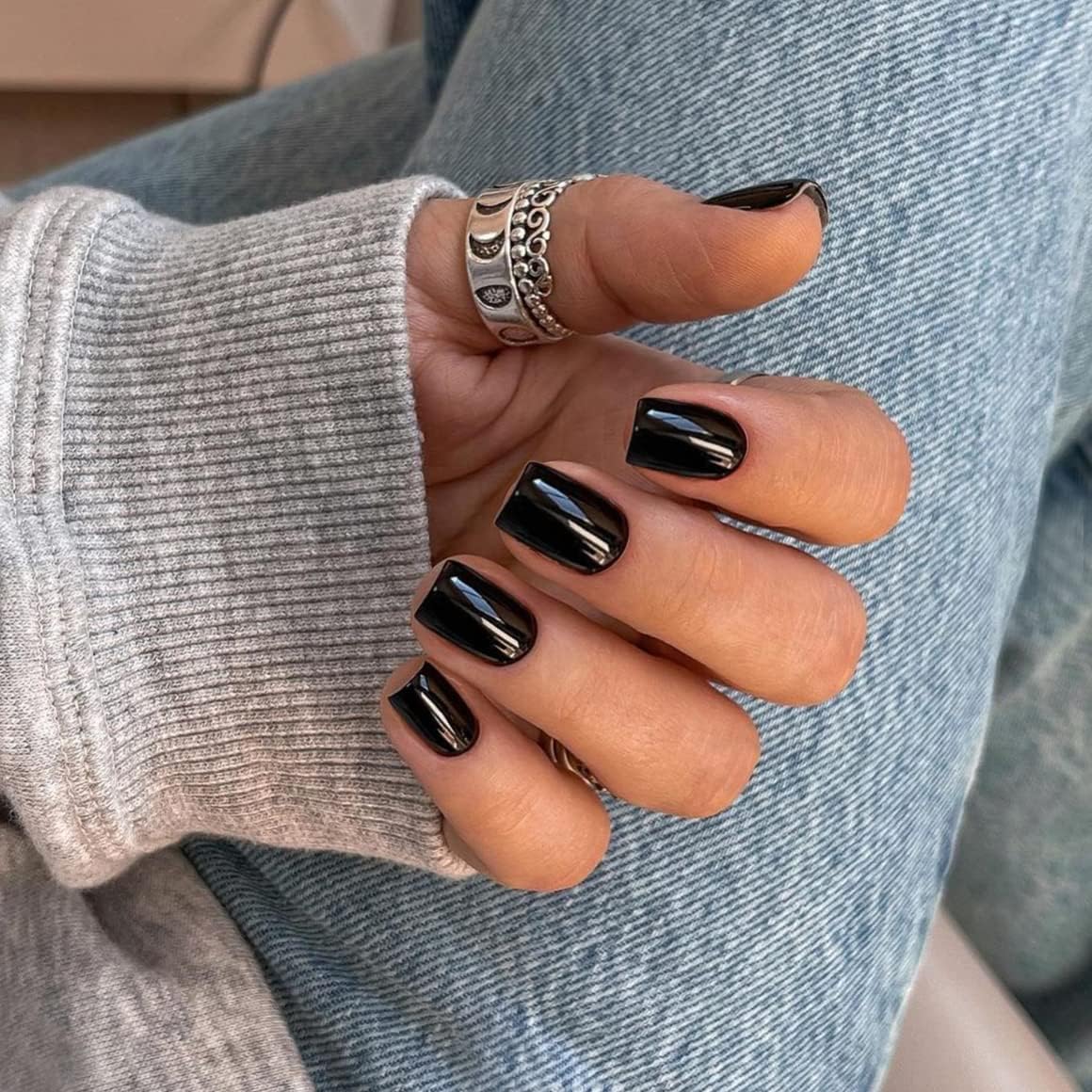 Glossy Black Press On Nails Short Square, Natural Gel Nails Glue on Fall Colors 2025 Trendy Acrylic Nails Press ons Featured Protective Coat Thick Reusable Fake Nails 24Pcs Short Coffin Nails