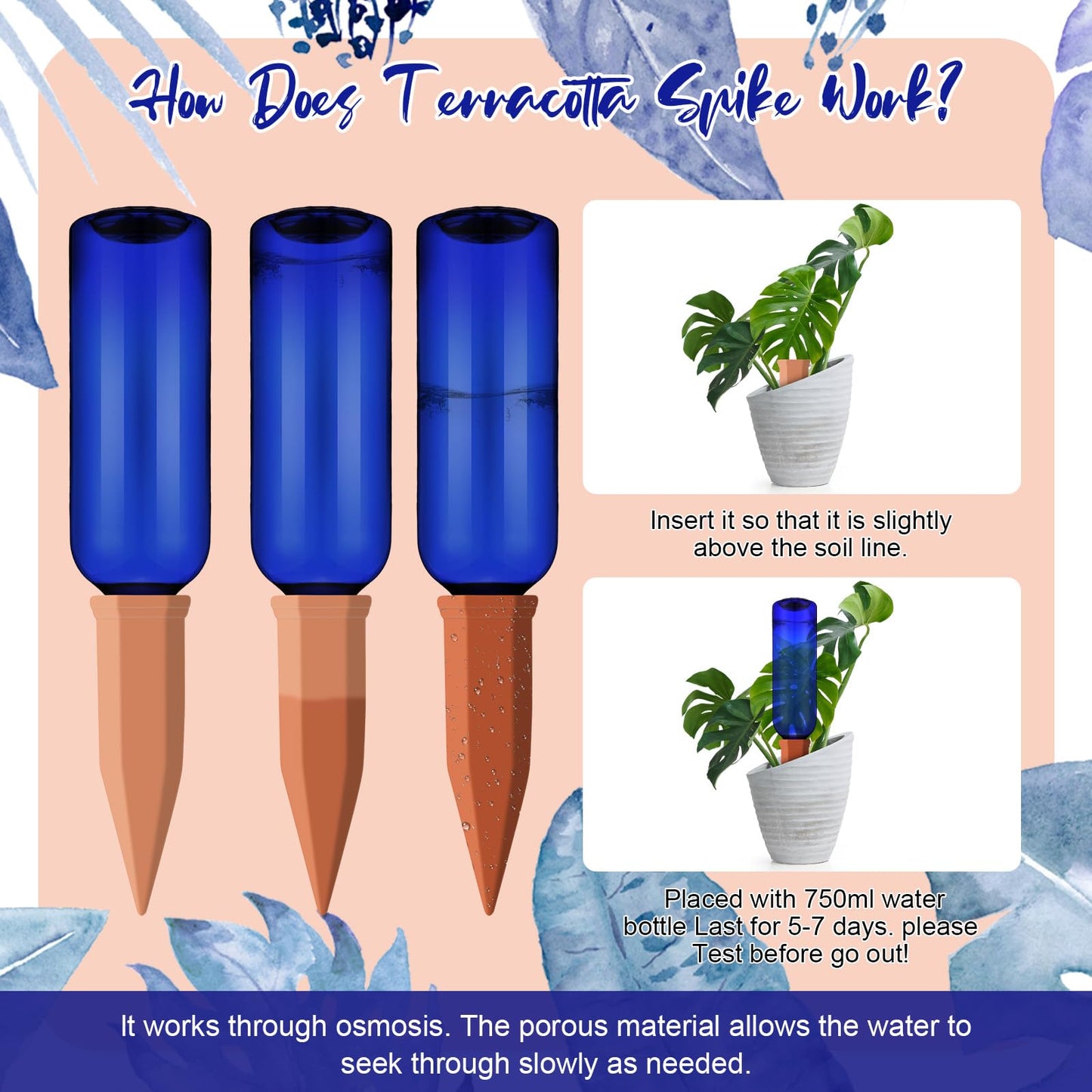 SiliFine 6 Sets Plant Watering Devices Include Terracotta Self Watering Spikes and 26 oz Plastic Bottles, Slow Release Vacation Insert Automatic Plant Waterer Device (Blue Green and Terracotta)